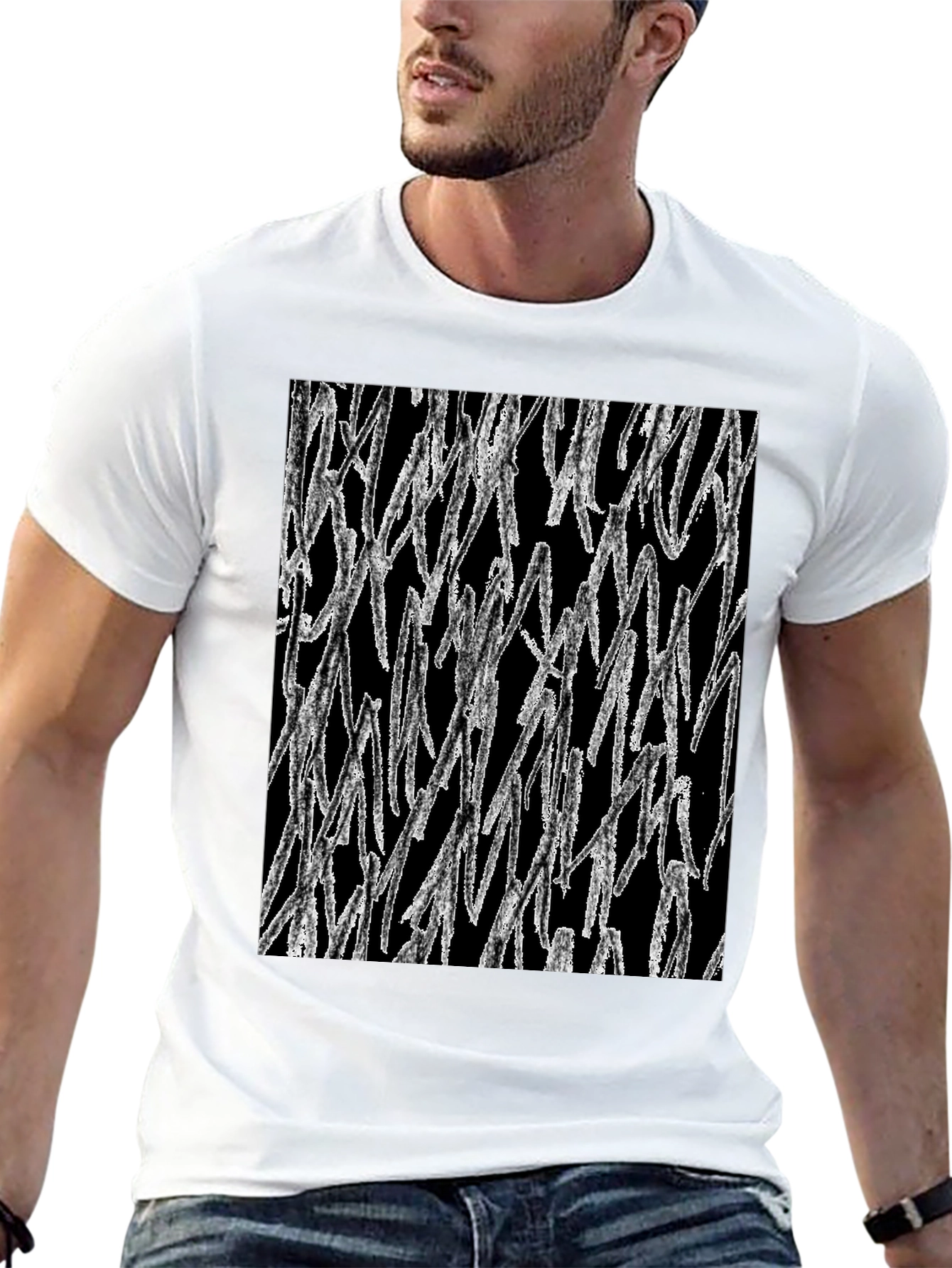 Abstract White Lines Graphic Black T-Shirt
