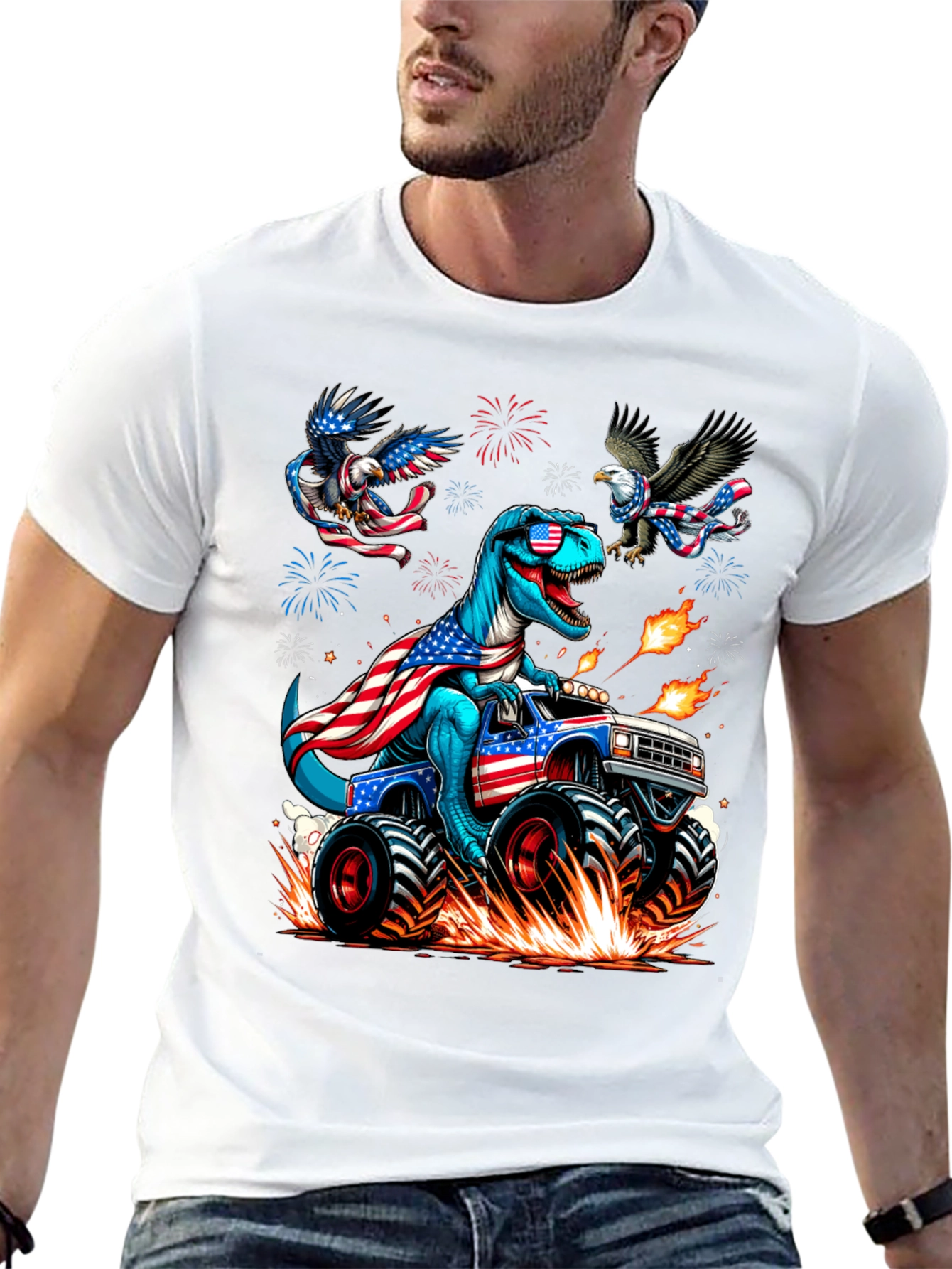 Patriotic Dino Monster Truck Graphic T-Shirt