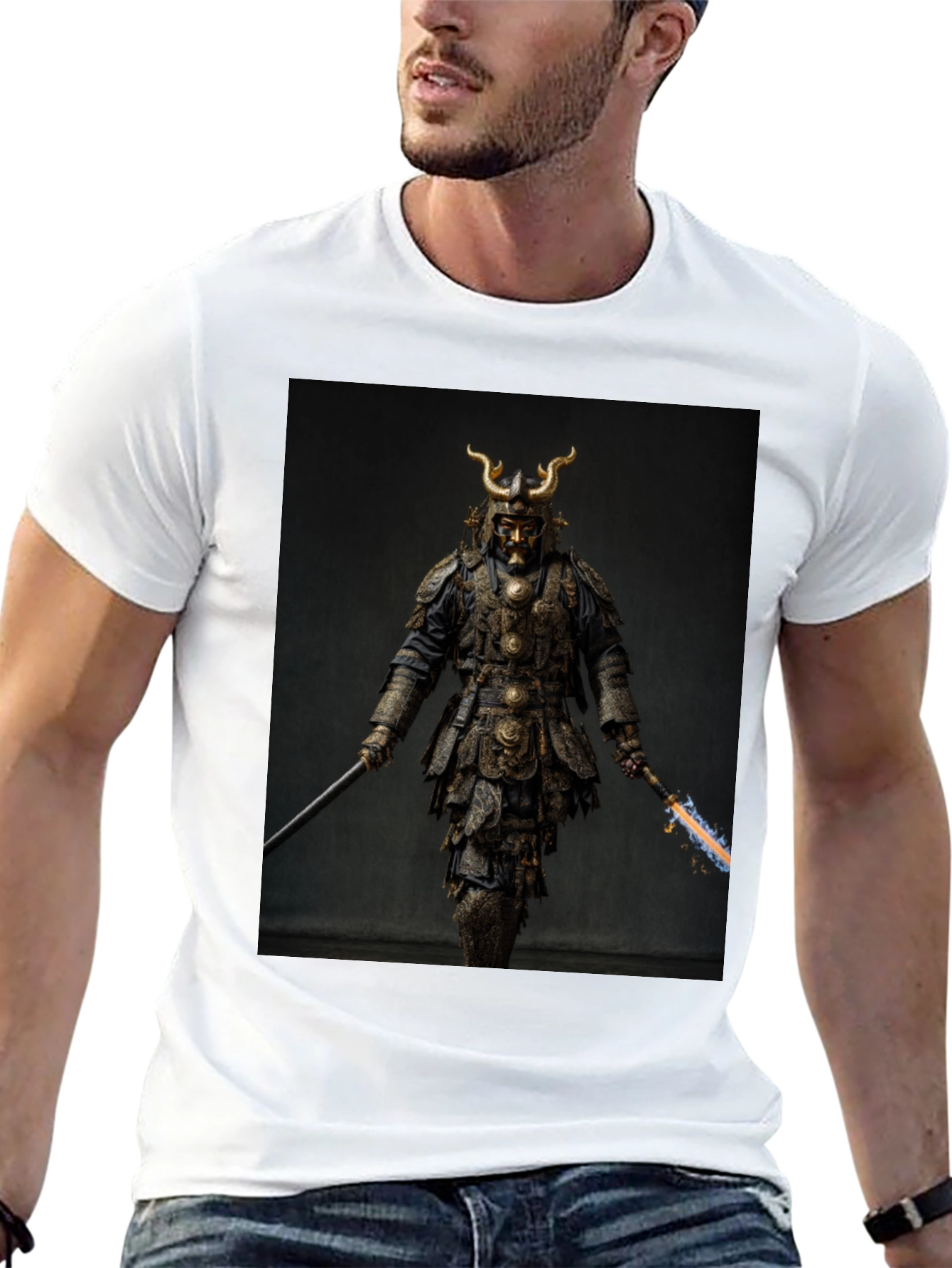 Samurai Warrior Graphic Tee - Black Cotton Blend