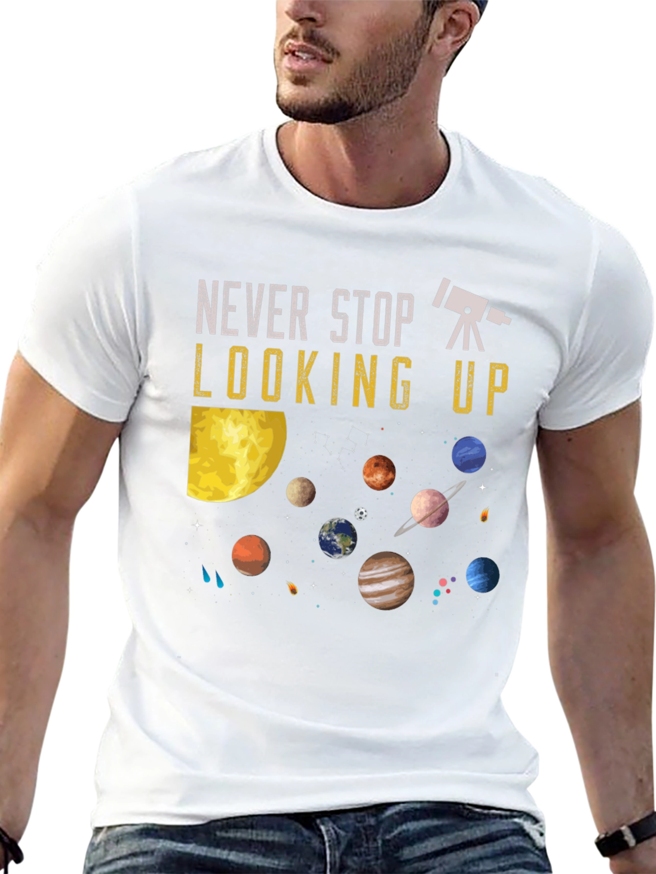 Never Stop Looking Up T-Shirt - Astronomy Planets Design