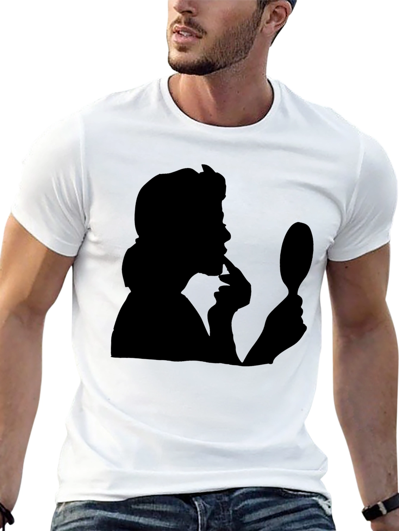 Silhouette T-Shirt: Mysterious Woman with Mirror - Black