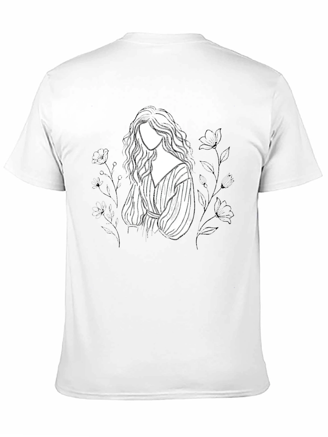 Black T-Shirt with Woman Floral Sketch Design