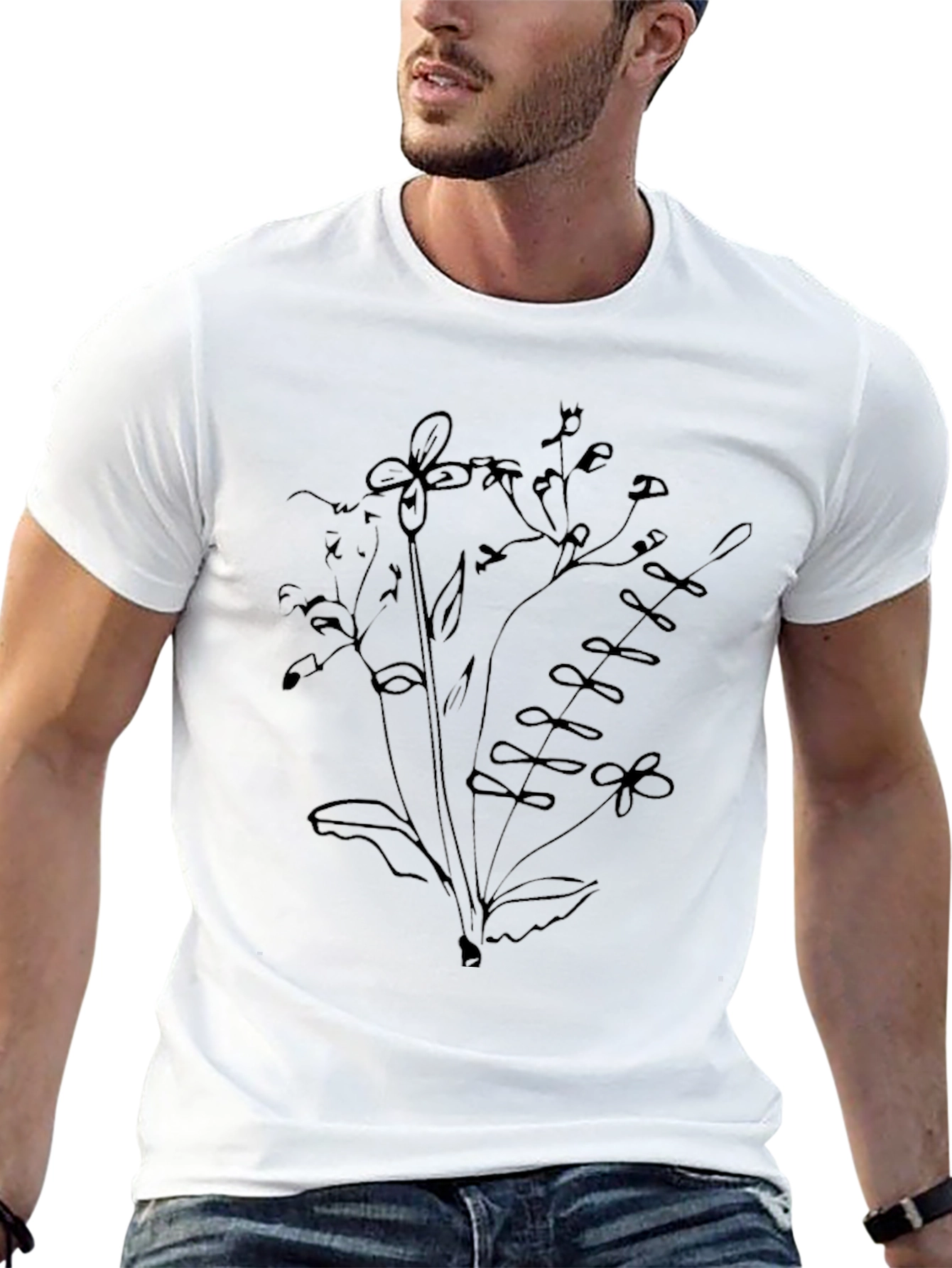 Mens Black T-Shirt with Floral Sketch Design