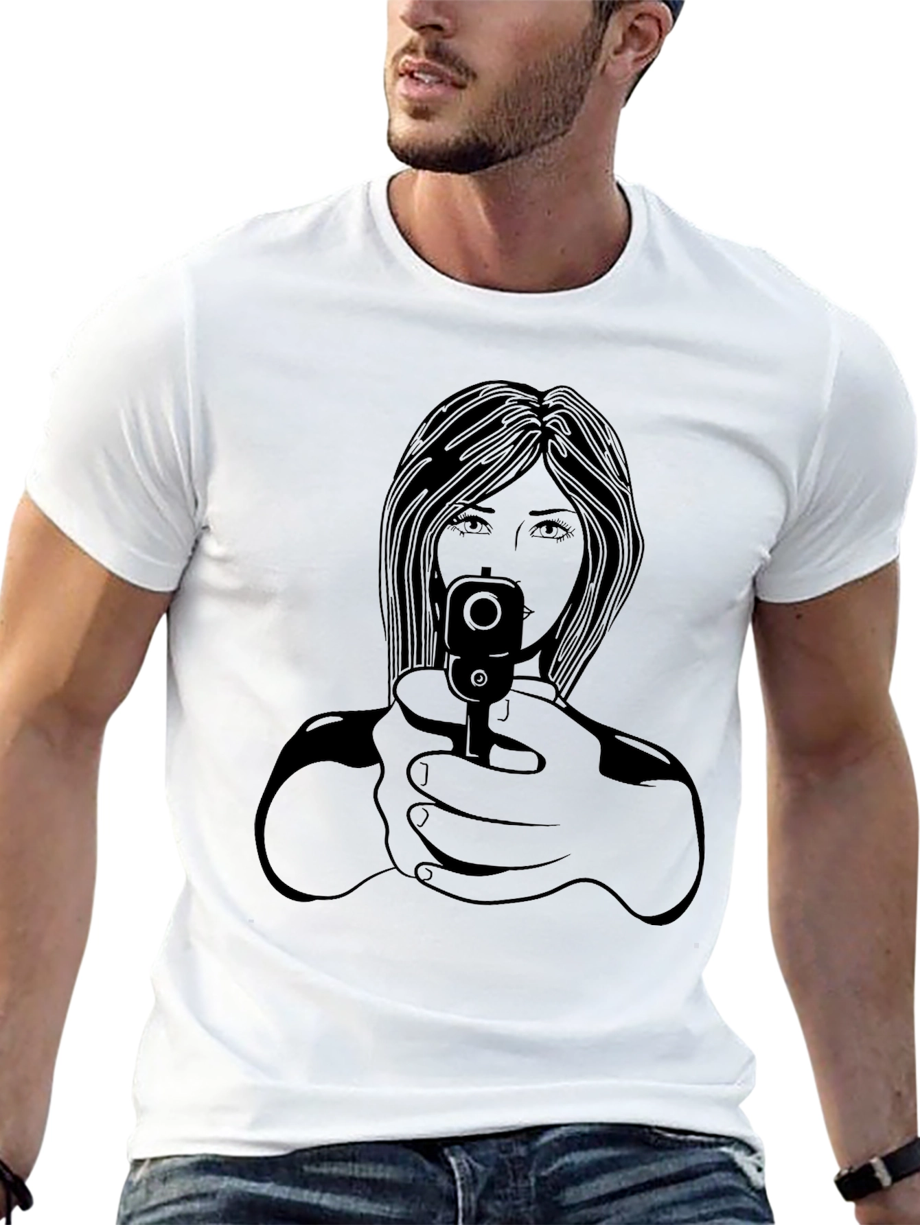 Black Graphic Tee - Woman with Gun Design