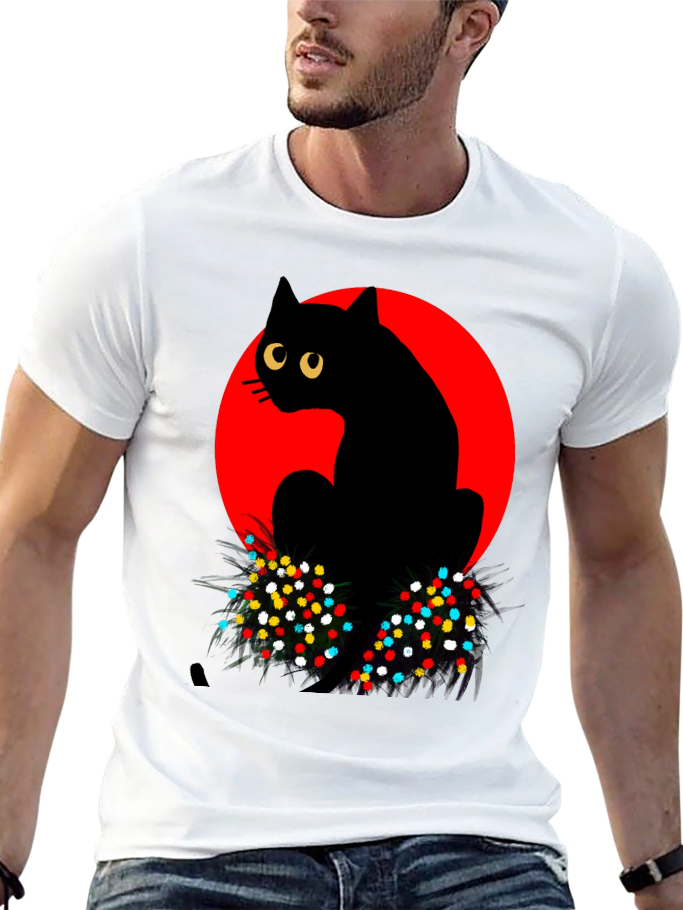 Cool Black Cat with Red Moon Graphic T-Shirt