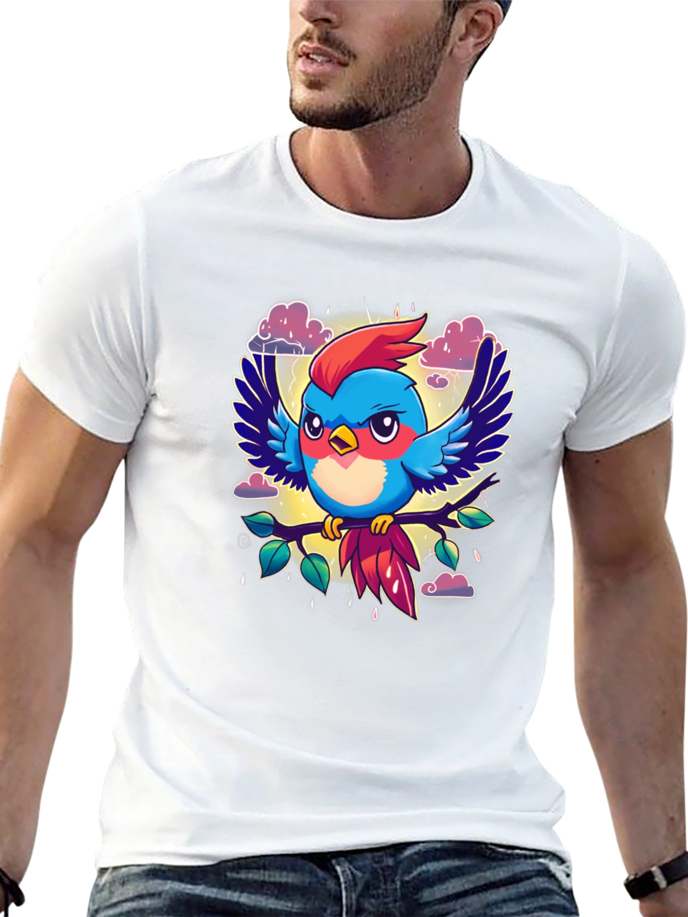 Cartoon Bird Print Black T-Shirt