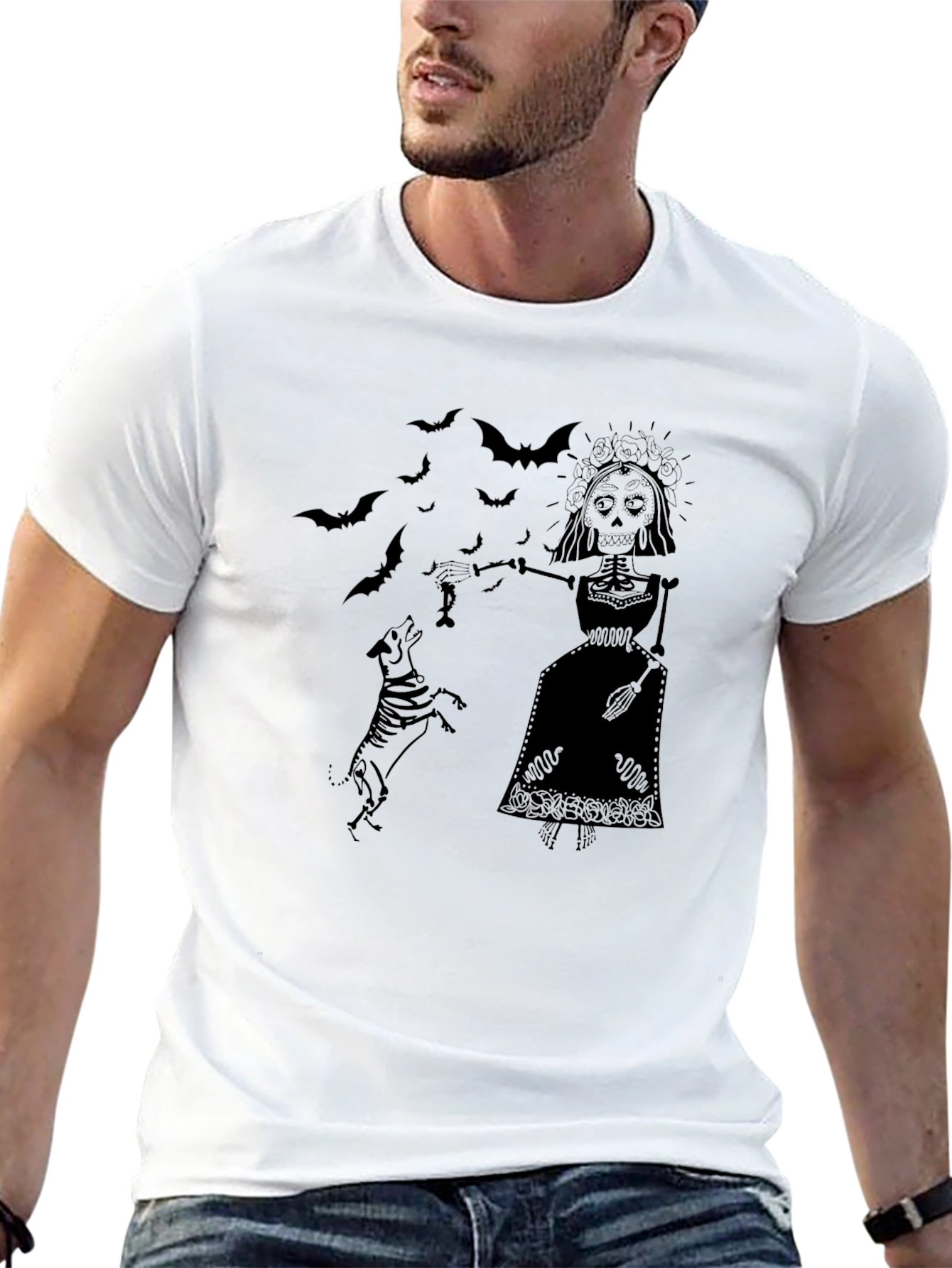 Day of the Dead Skeleton Dog Black Graphic T-Shirt