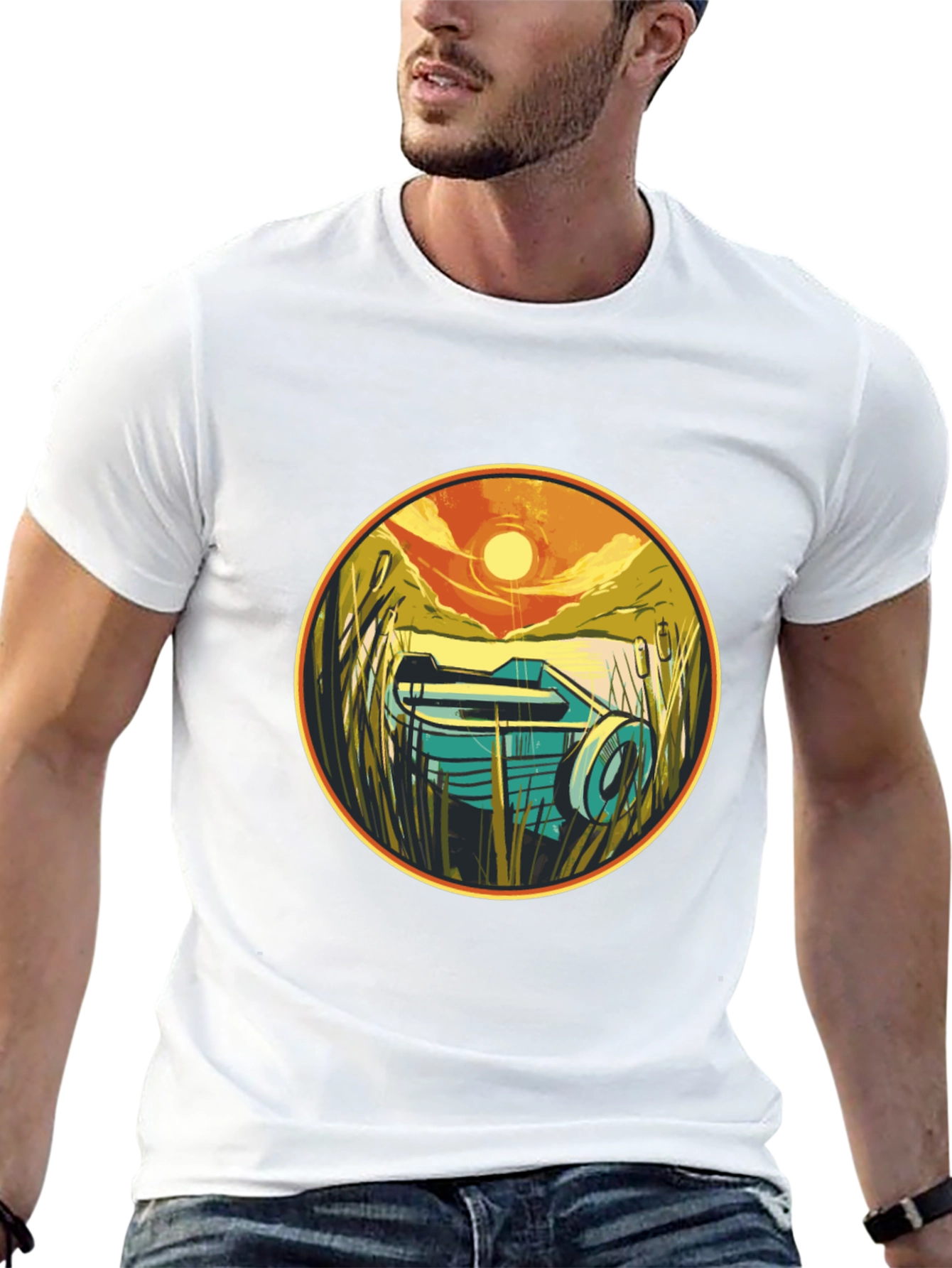 Retro Boat Sunset Graphic Tee - Black