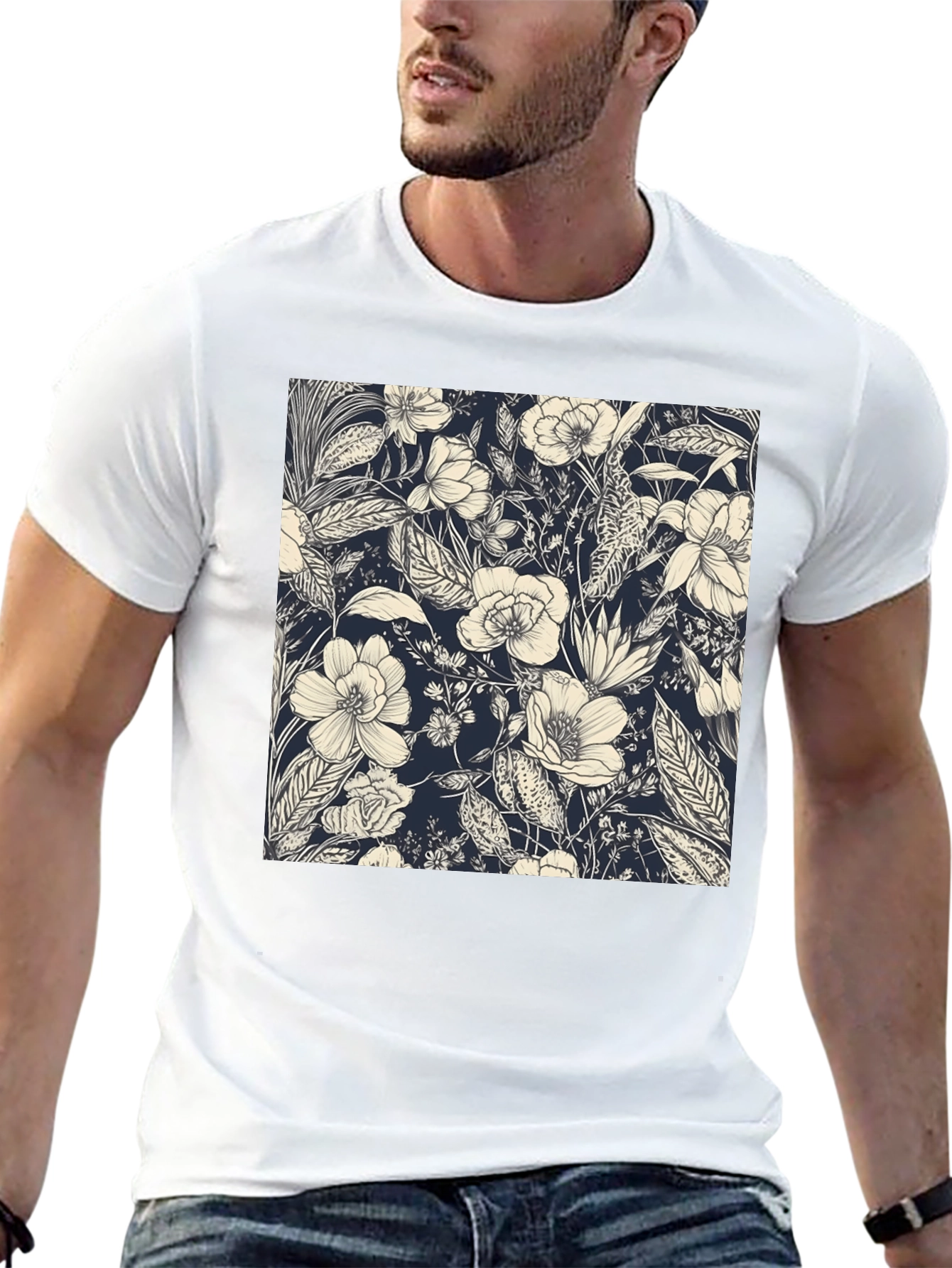 Floral Print Black Tee - Stylish Botanical Design