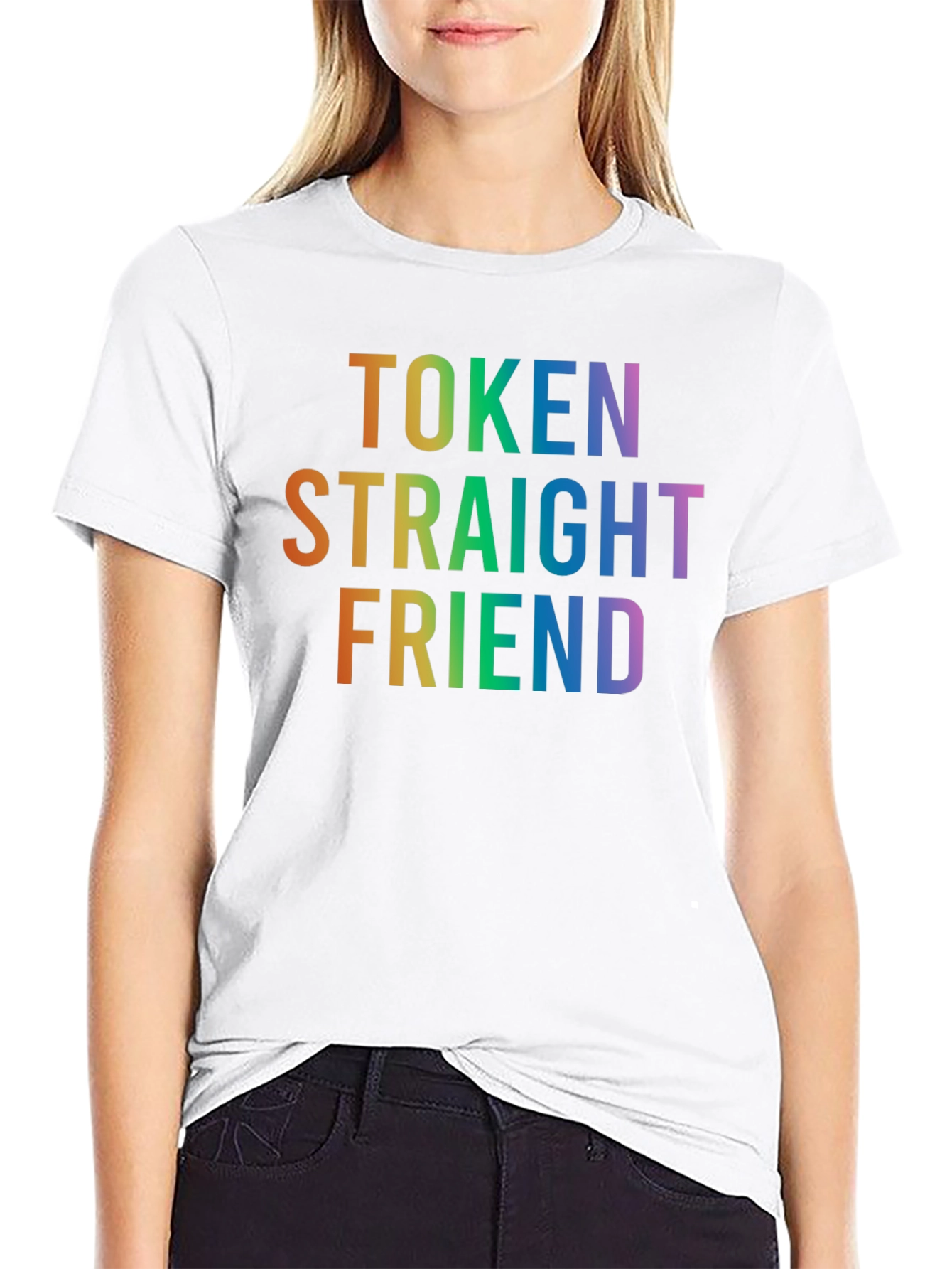 Token Straight Friend Rainbow Text Black T-Shirt