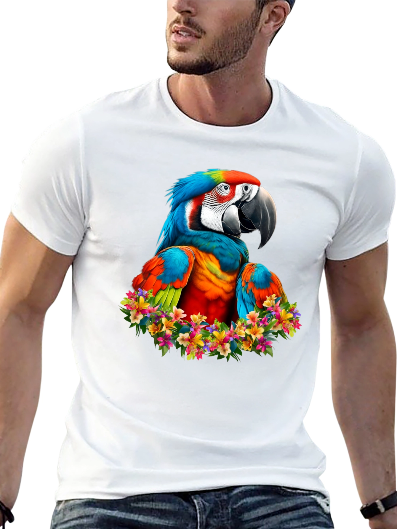 Macaw Parrot Floral Wreath Graphic T-Shirt
