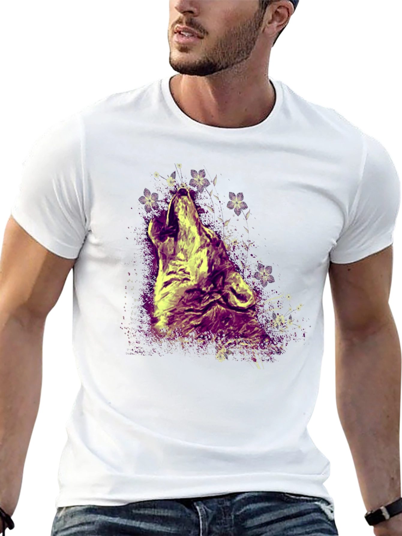 Wolf Howling T-Shirt - Graphic Print Crew Neck Tee