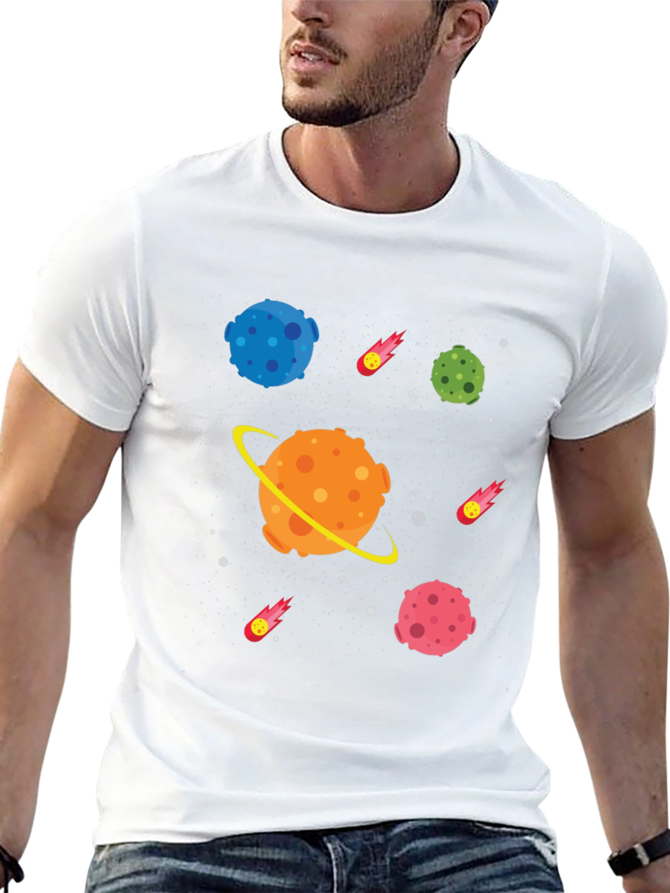 Space Planet Cartoon Graphic Black T-Shirt