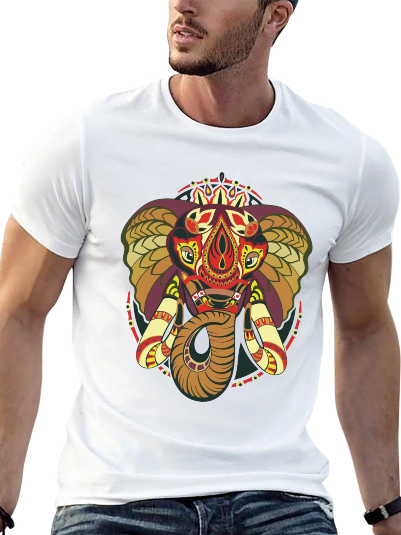 Elephant Mandala Graphic Print Crew Neck Tee