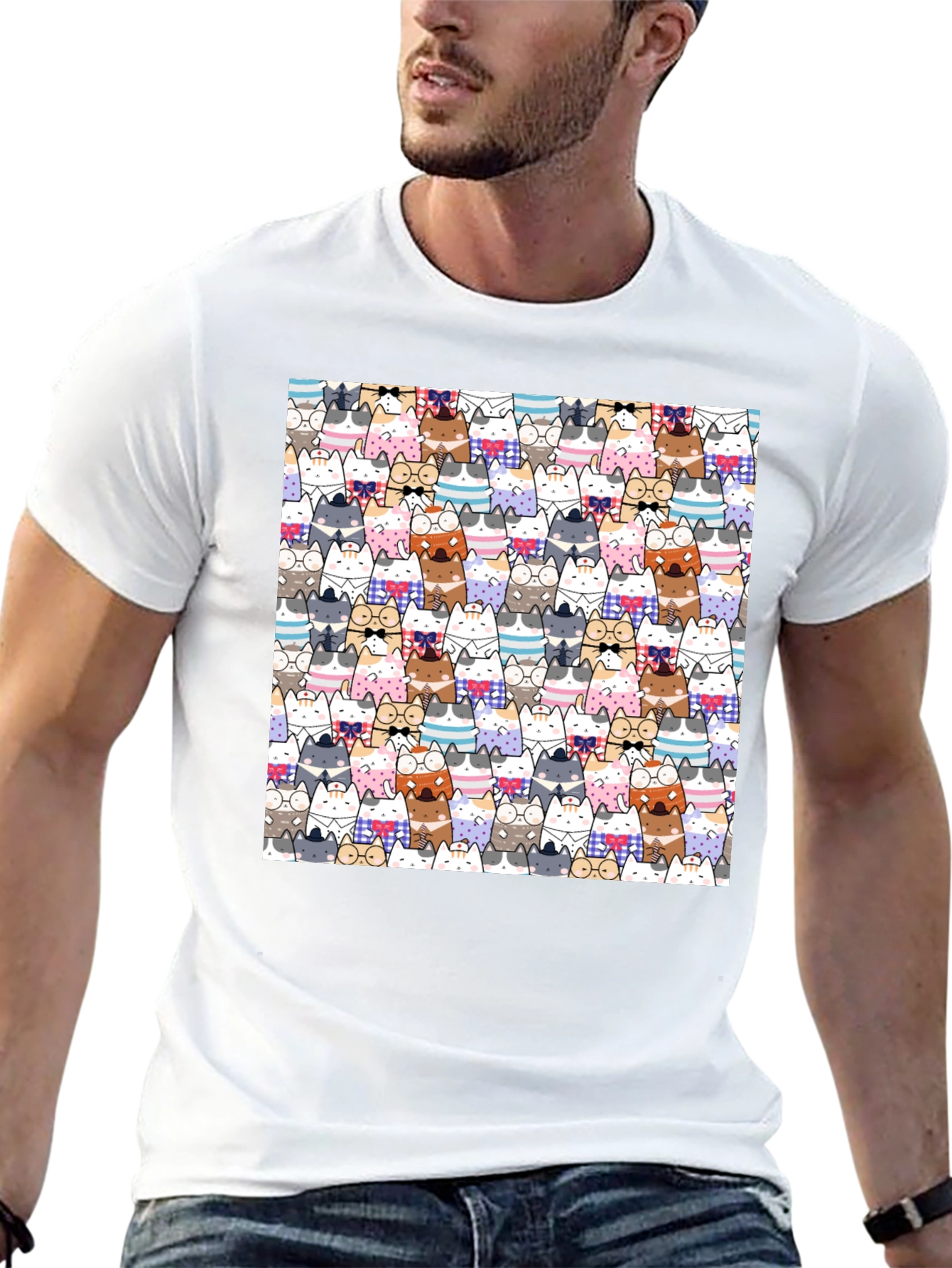 Cat Cartoon Print Black T-Shirt