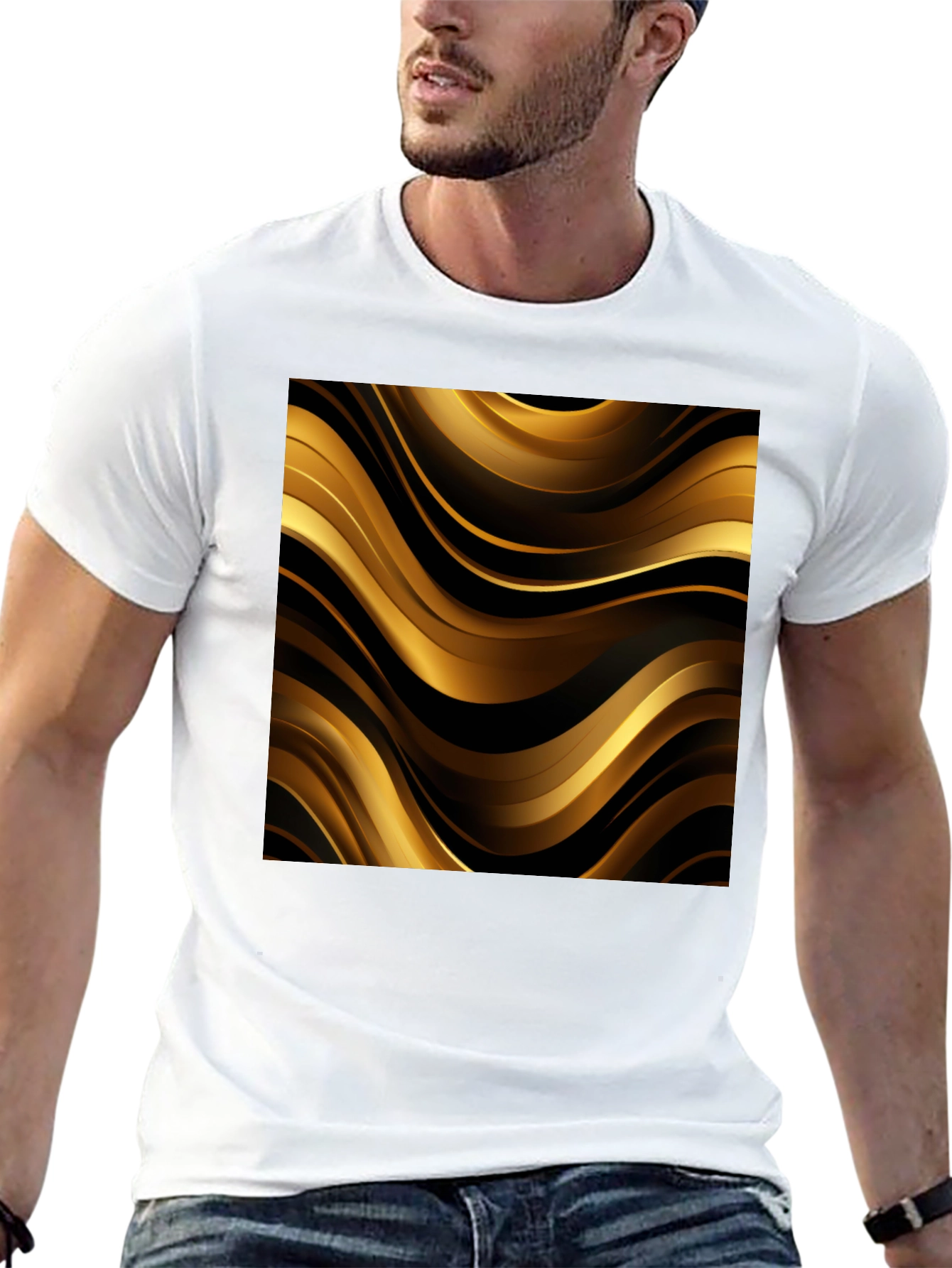Stylish Black Tee with Abstract Gold Design