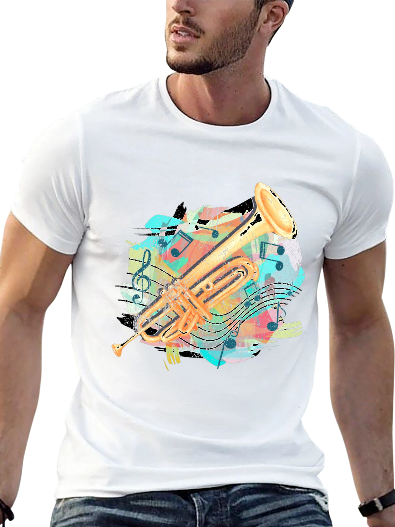 Trumpet Music Notes Graphic Print T-Shirt