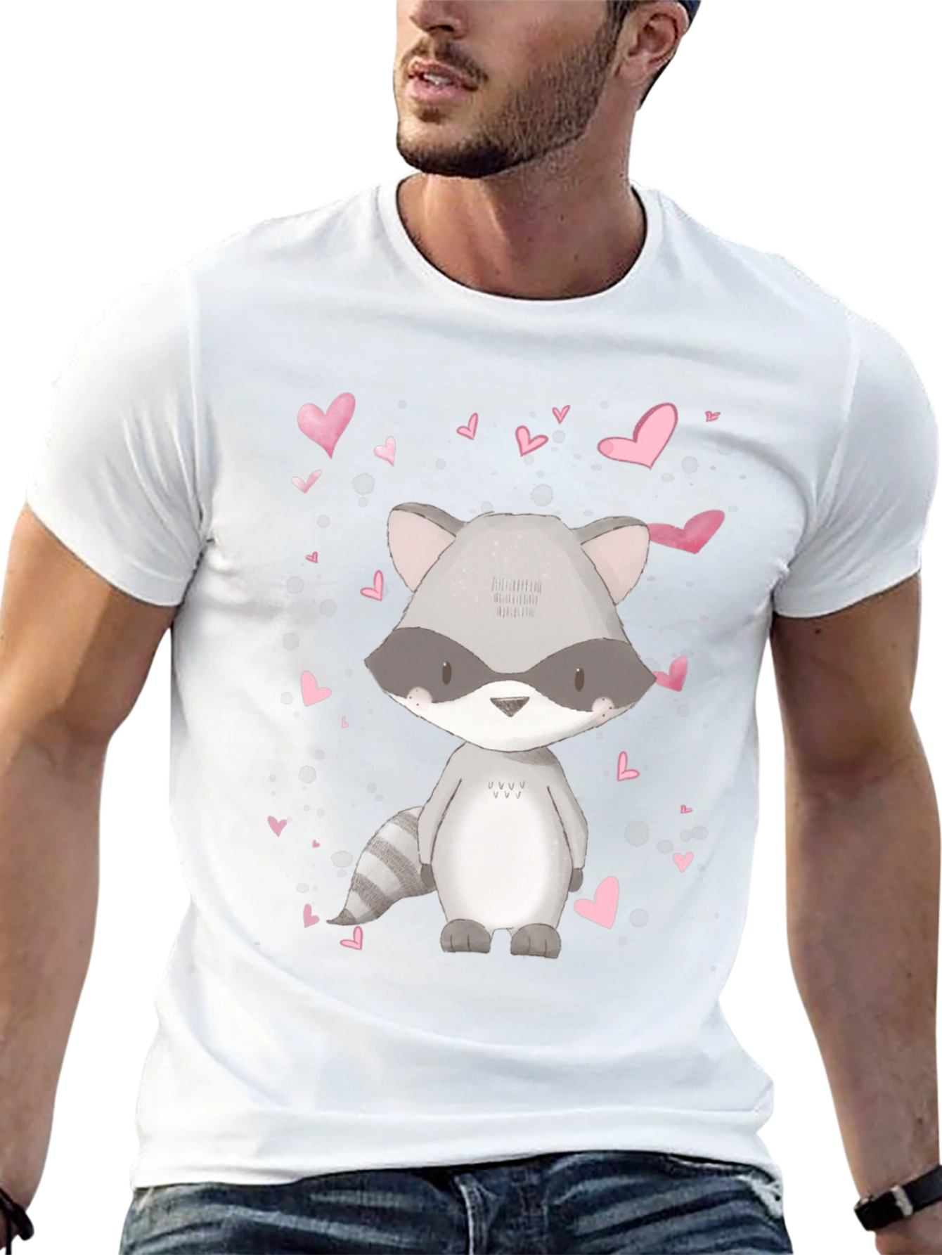 Cute Raccoon & Hearts Graphic Tee - Black