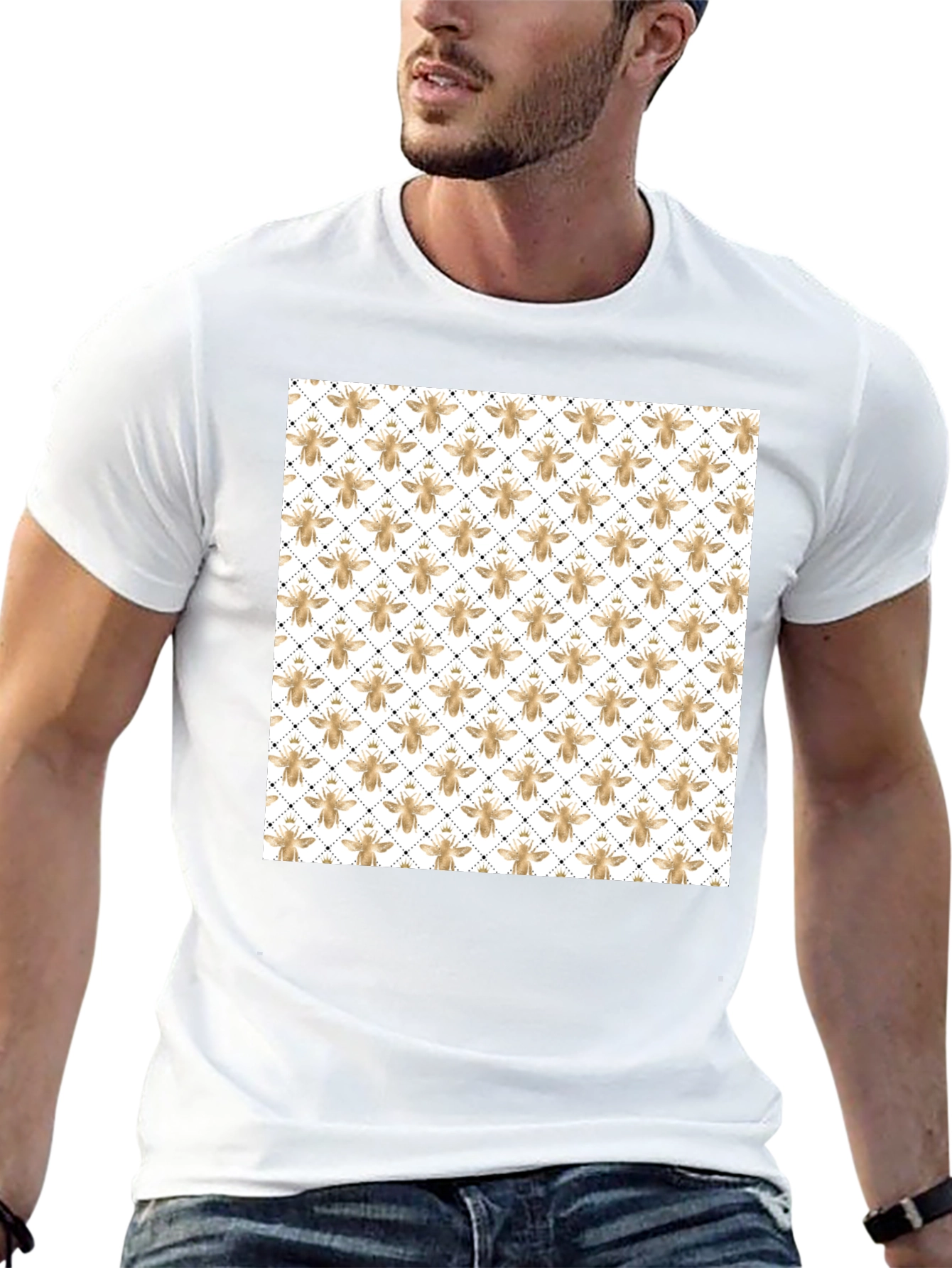 Mens Black T-Shirt with Golden Honeycomb Bee Pattern