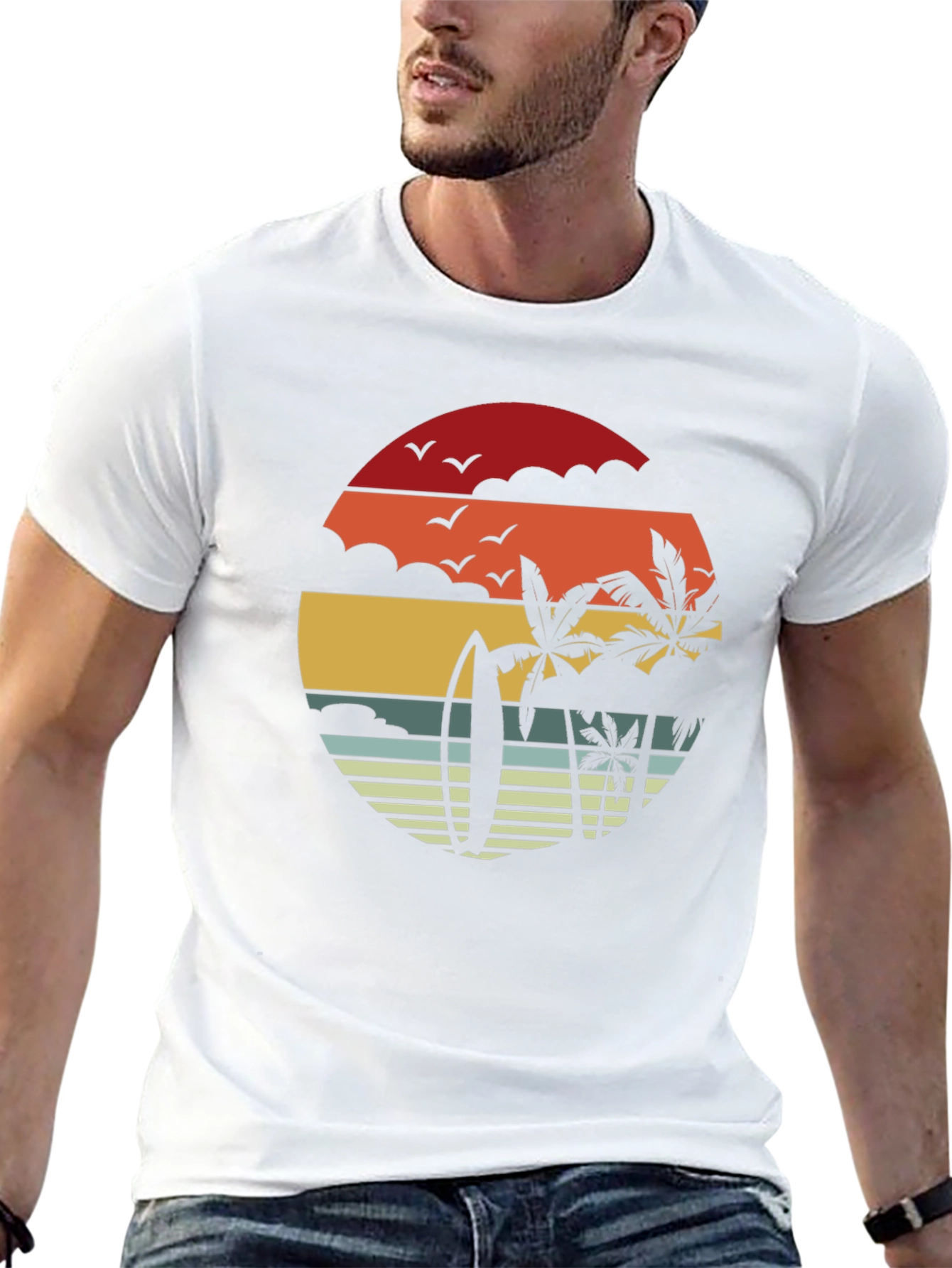 Retro Sunset Surfboard & Palms Black T-Shirt