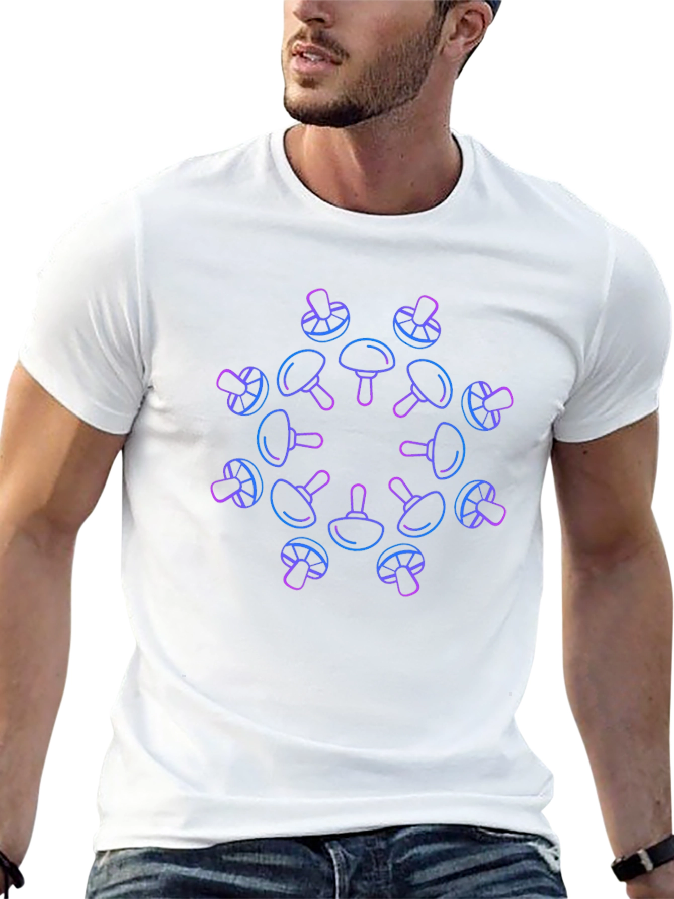 Neon Mushroom Pattern Black T-Shirt