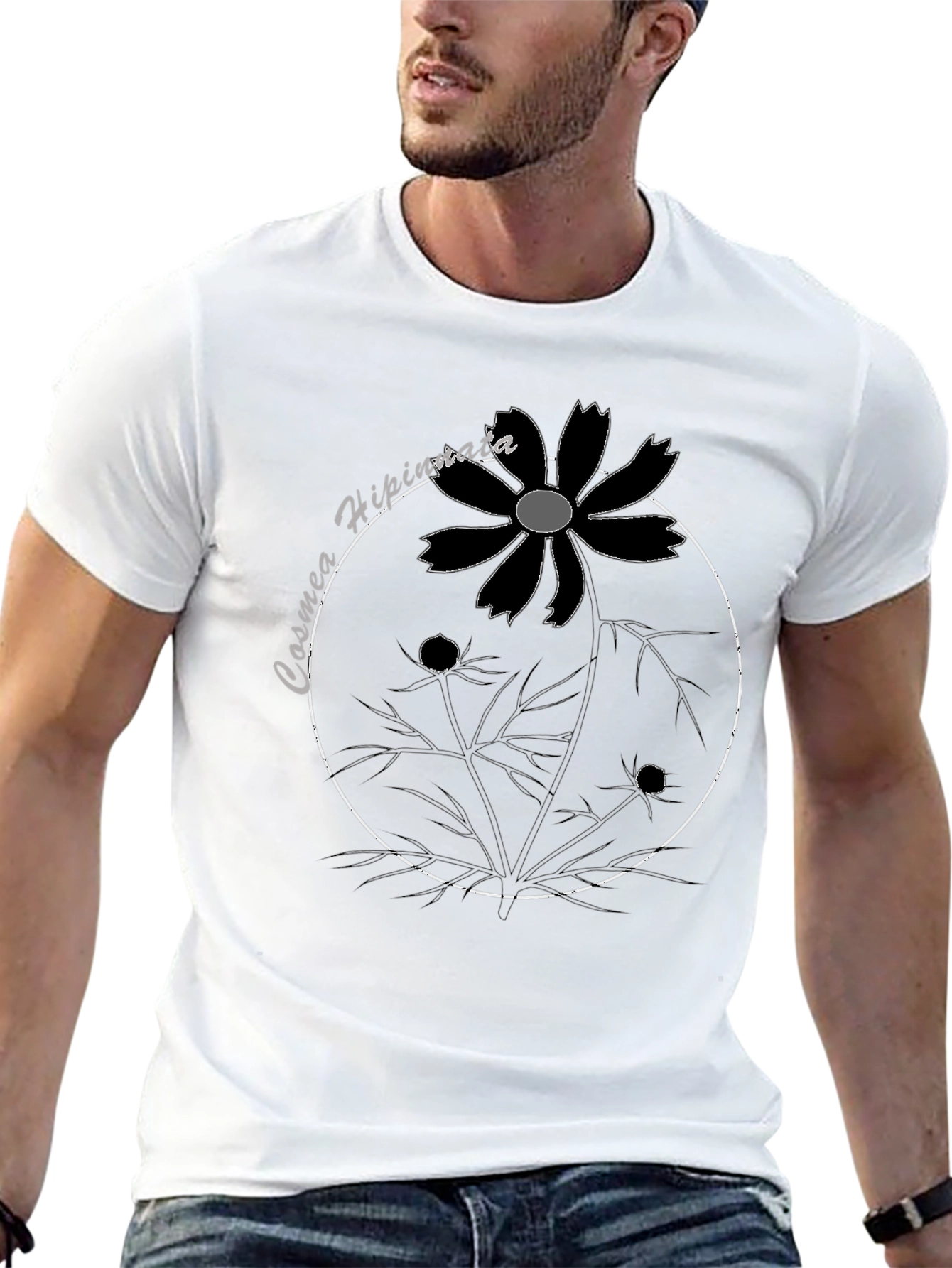 Cosmea Hipinnata Flower Graphic Black T-Shirt