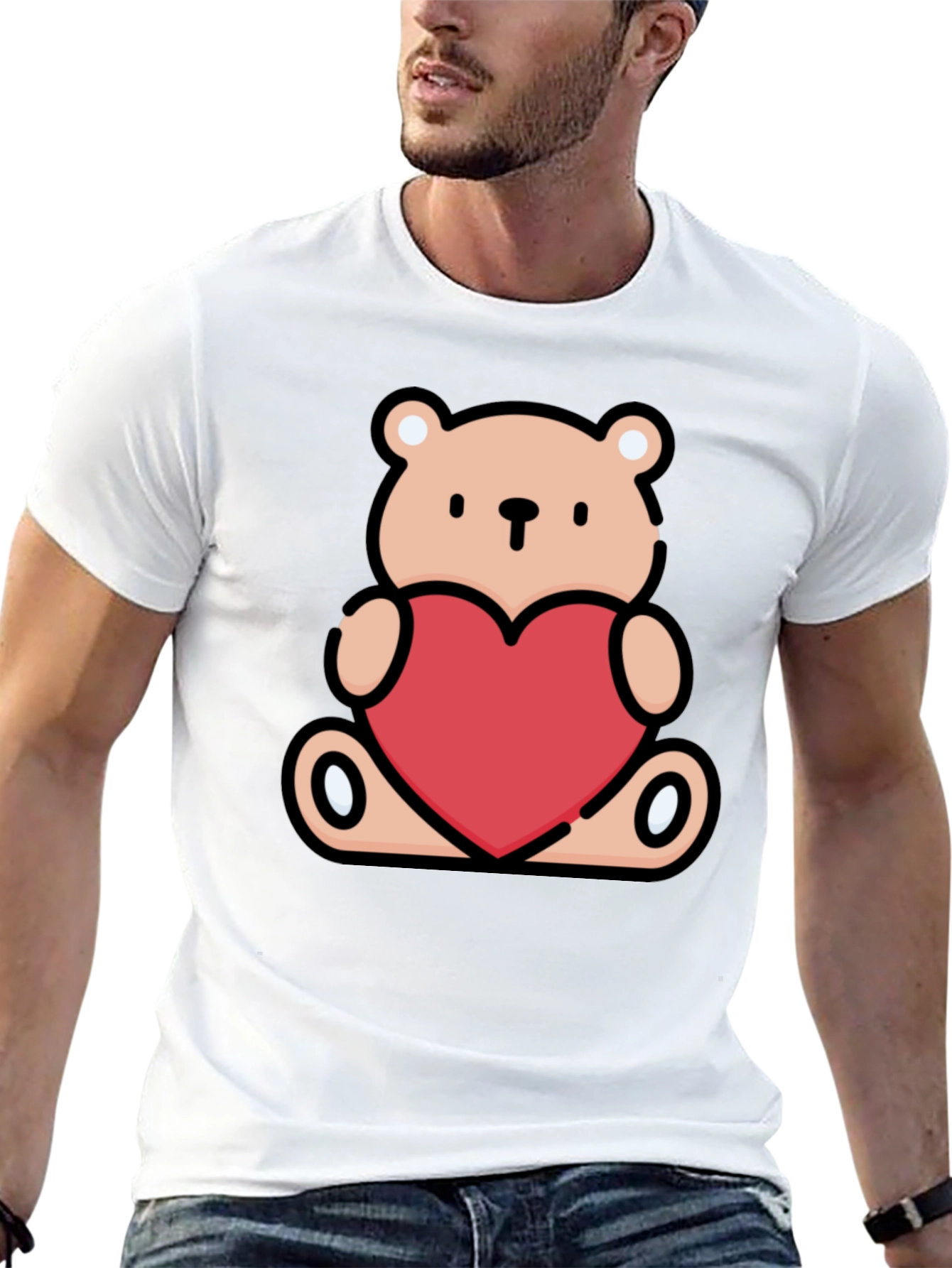 Cute Teddy Bear Heart Graphic Tee - Black