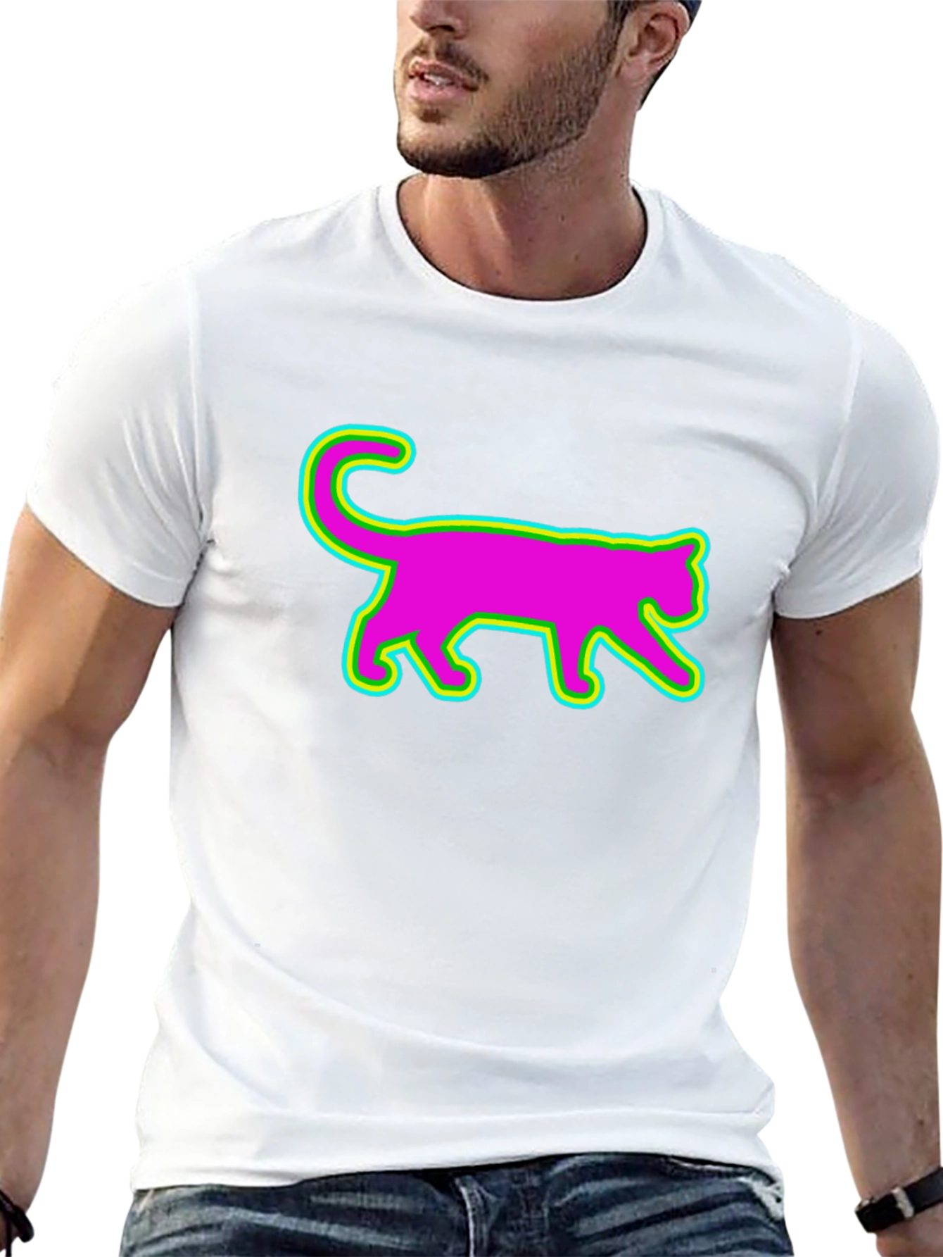 Vibrant Neon Cat Graphic Tee - Black