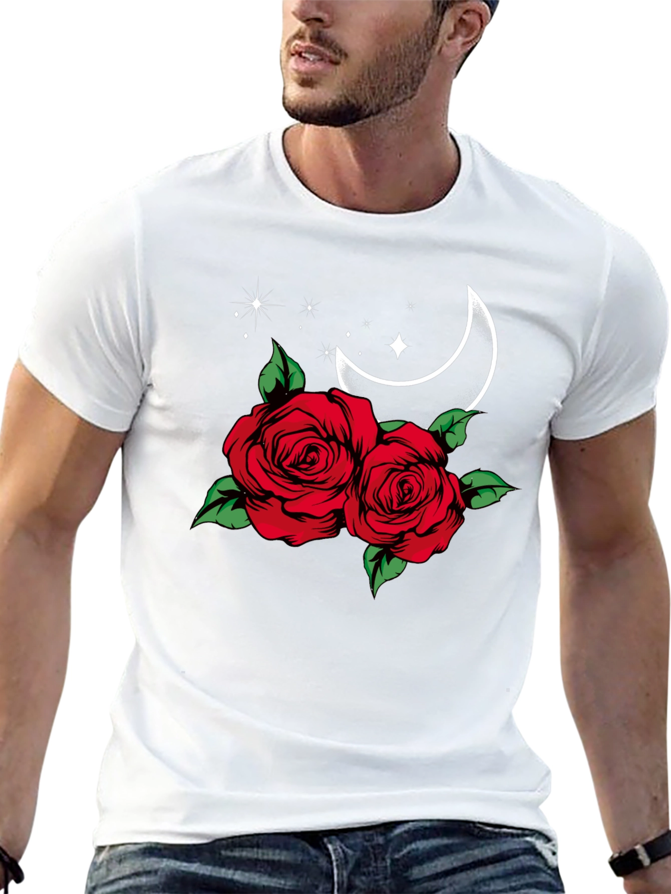 Roses & Moon Graphic Tee - Stylish Black T-Shirt
