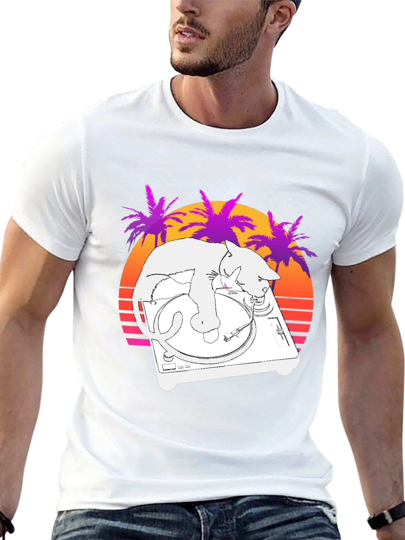 DJ Cat T-Shirt - Retro Sunset Style
