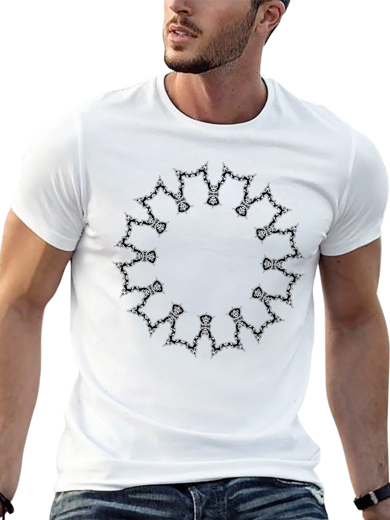 Mens Black Tee with Circular Abstract Design
