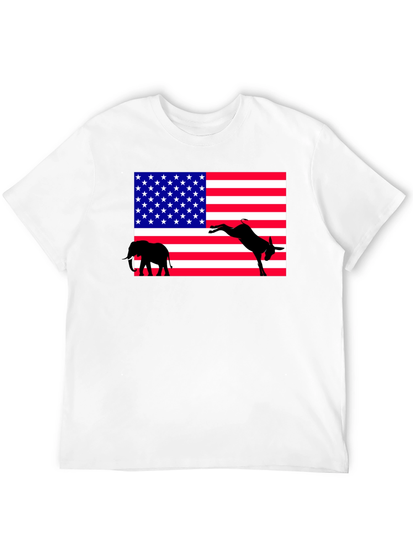 Political Humor Tee: American Flag Donkey Kicking Elephant
