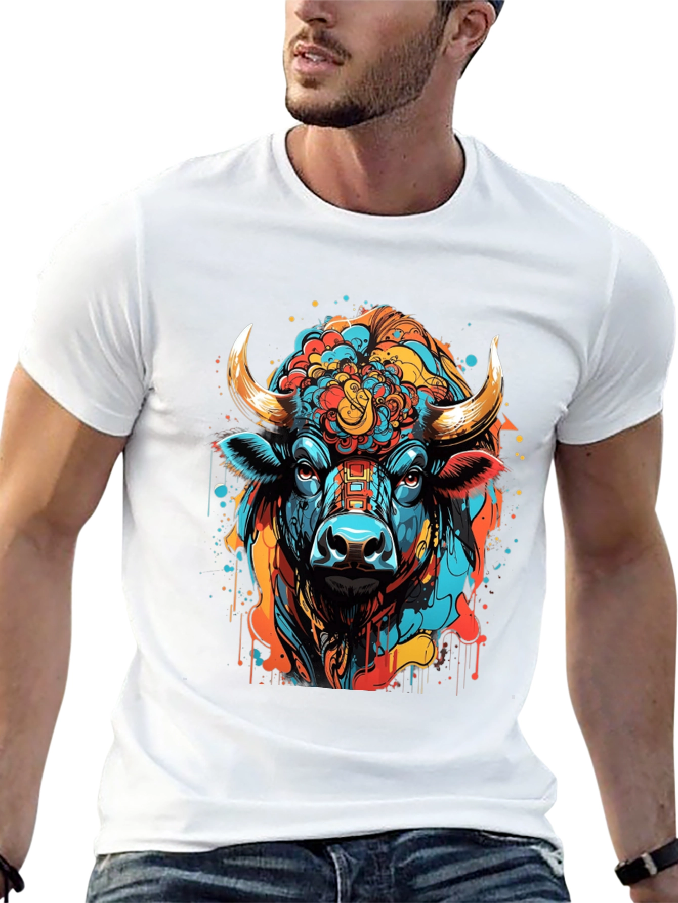 Vibrant Bull Graphic Tee - Stylish Mens Black T-Shirt