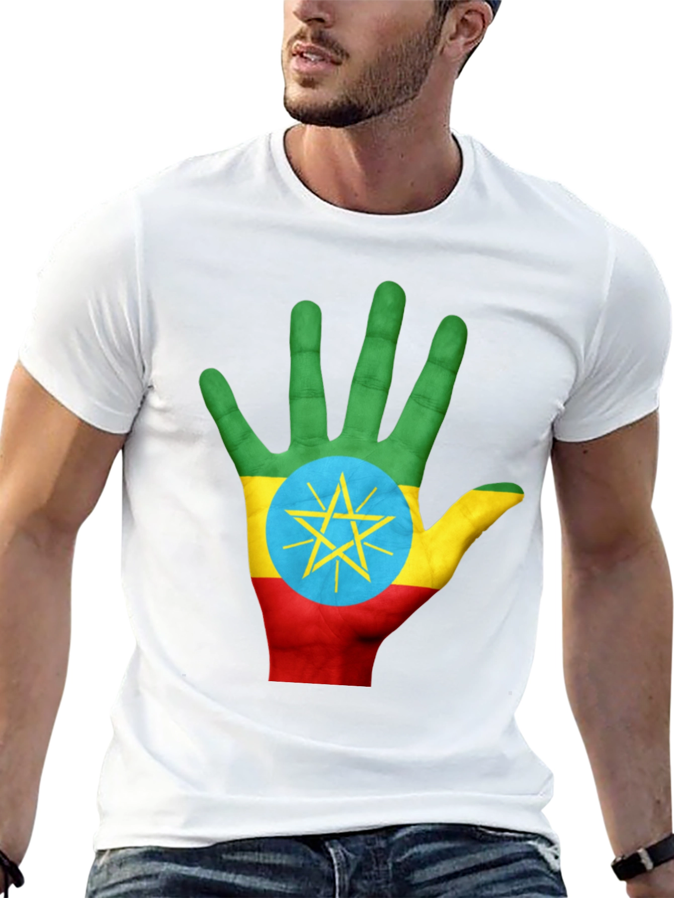 Ethiopia Flag Hand Print Black T-Shirt