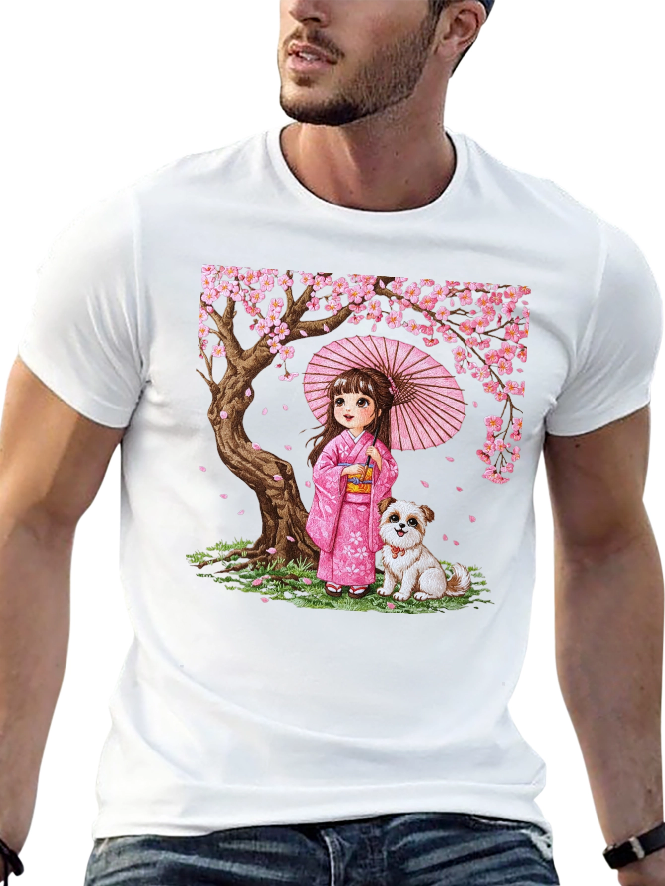 Japanese Girl with Dog Cherry Blossom Graphic Tee