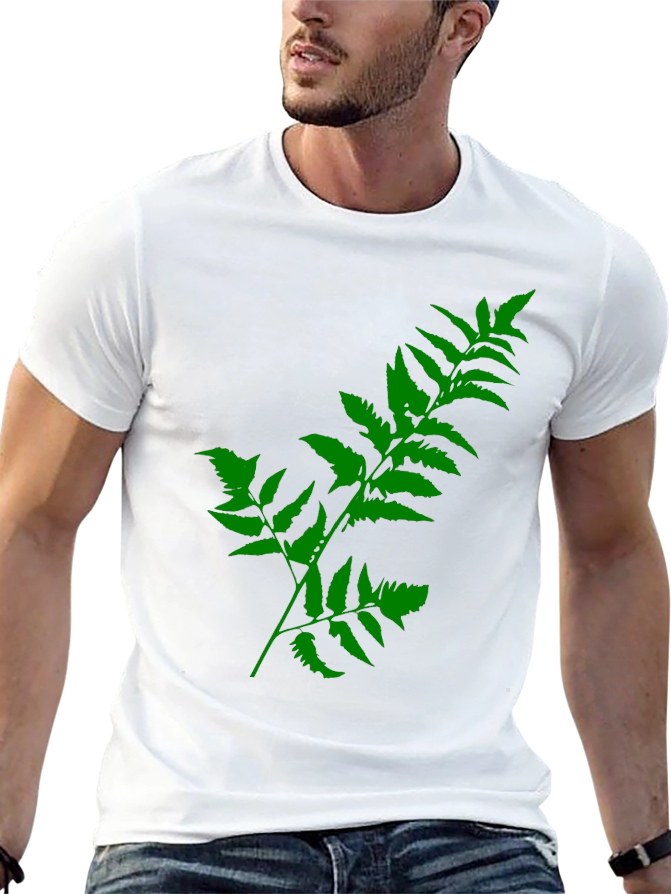 Green Fern Print Black T-Shirt