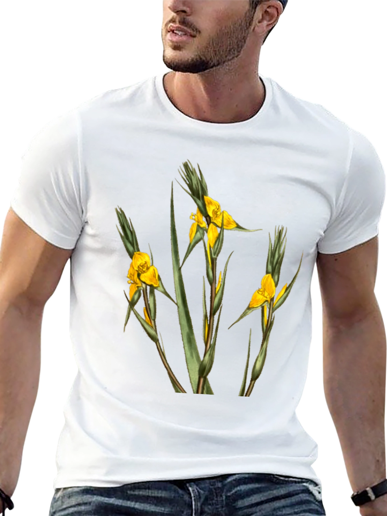Botanical Yellow Flower Graphic Black T-Shirt