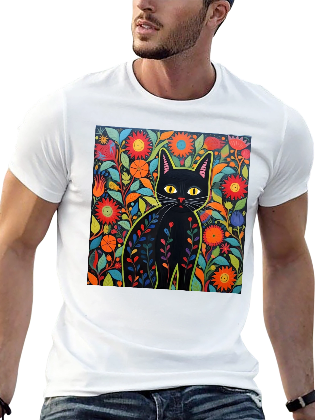 Floral Cat Graphic Tee - Unique Design