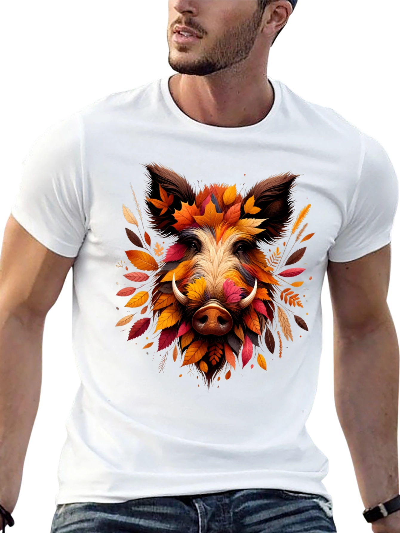 Boar Leaf Design Tee - Autumn Animal Shirt
