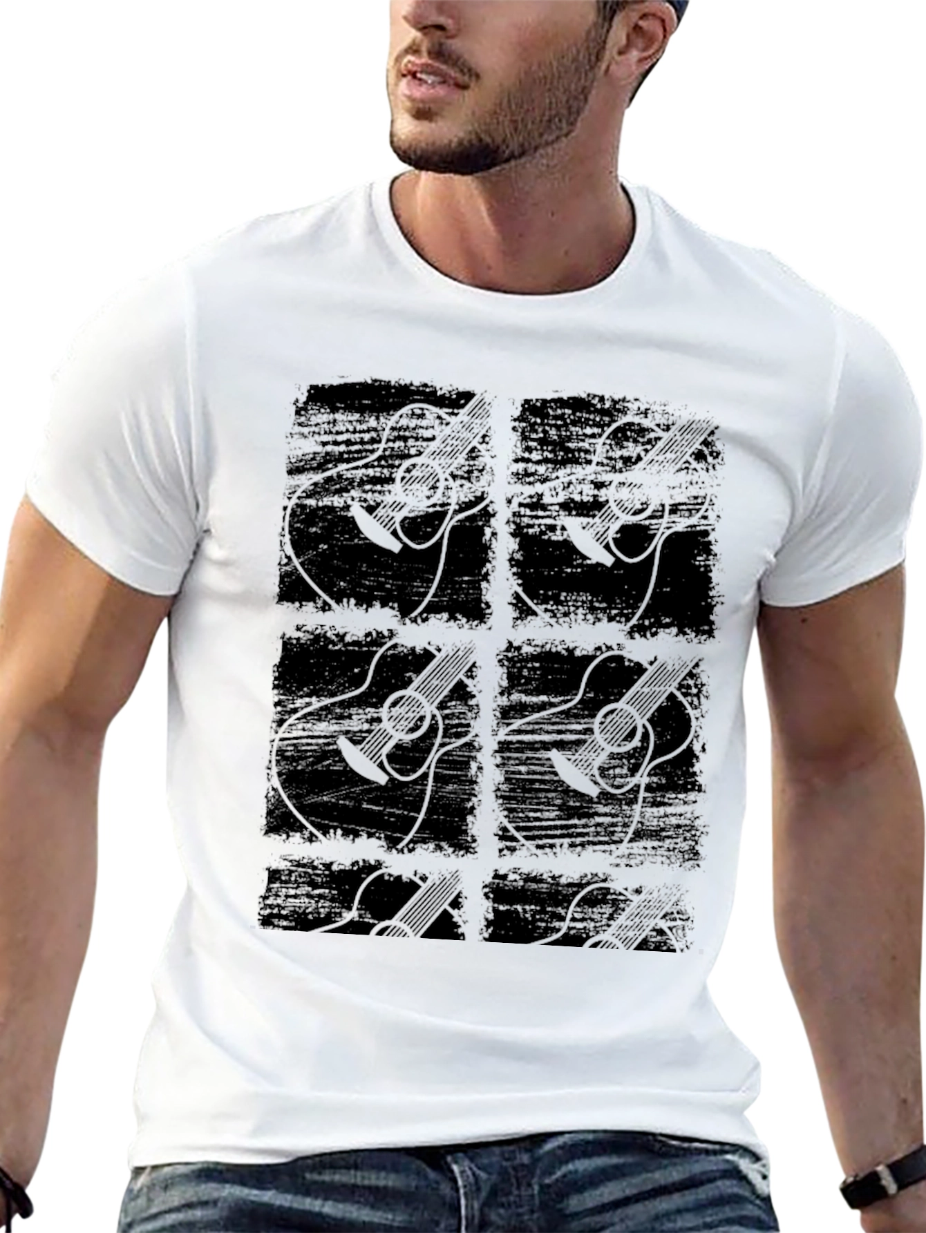 Guitar Graphic Print Black Crew Neck T-Shirt