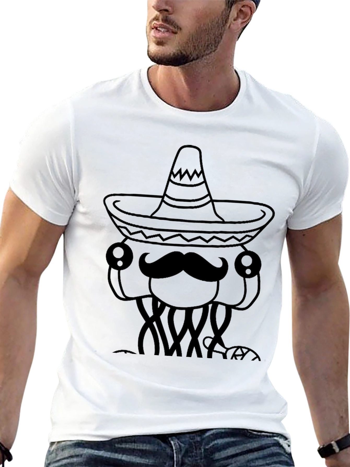 Mens Black T-Shirt with Funny Jellyfish Sombrero Design