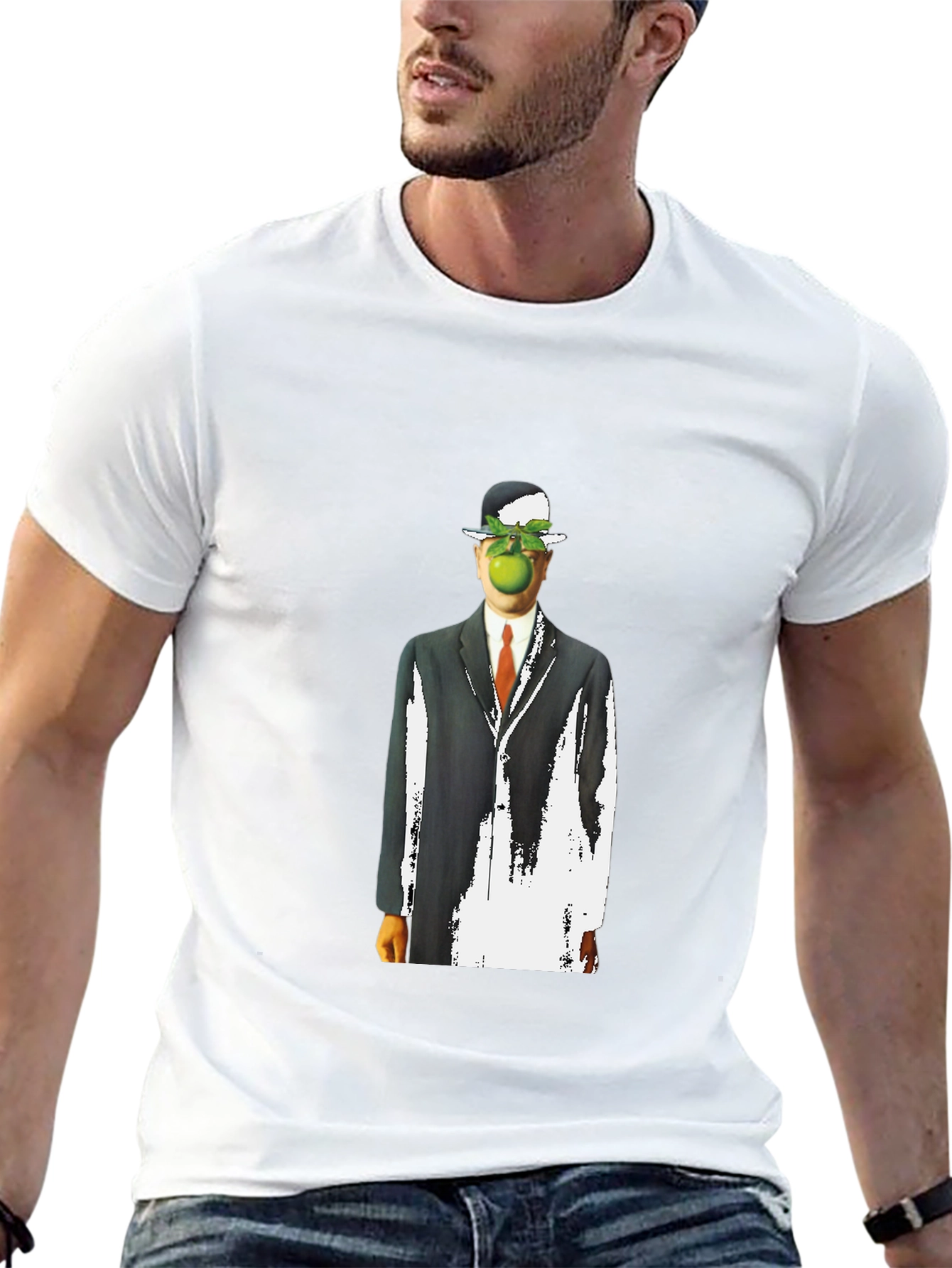 Surreal Apple Man Graphic Tee - Stylish Black T-Shirt