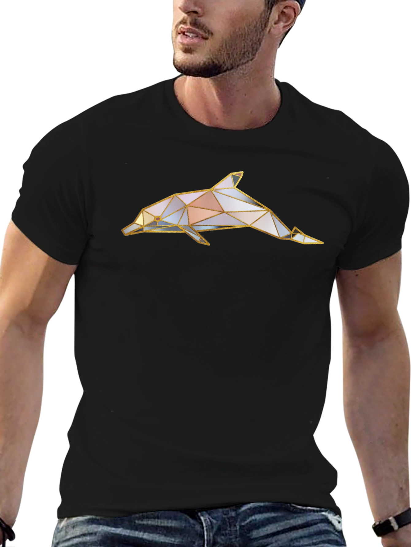 Geometric Dolphin Graphic Tee - Black