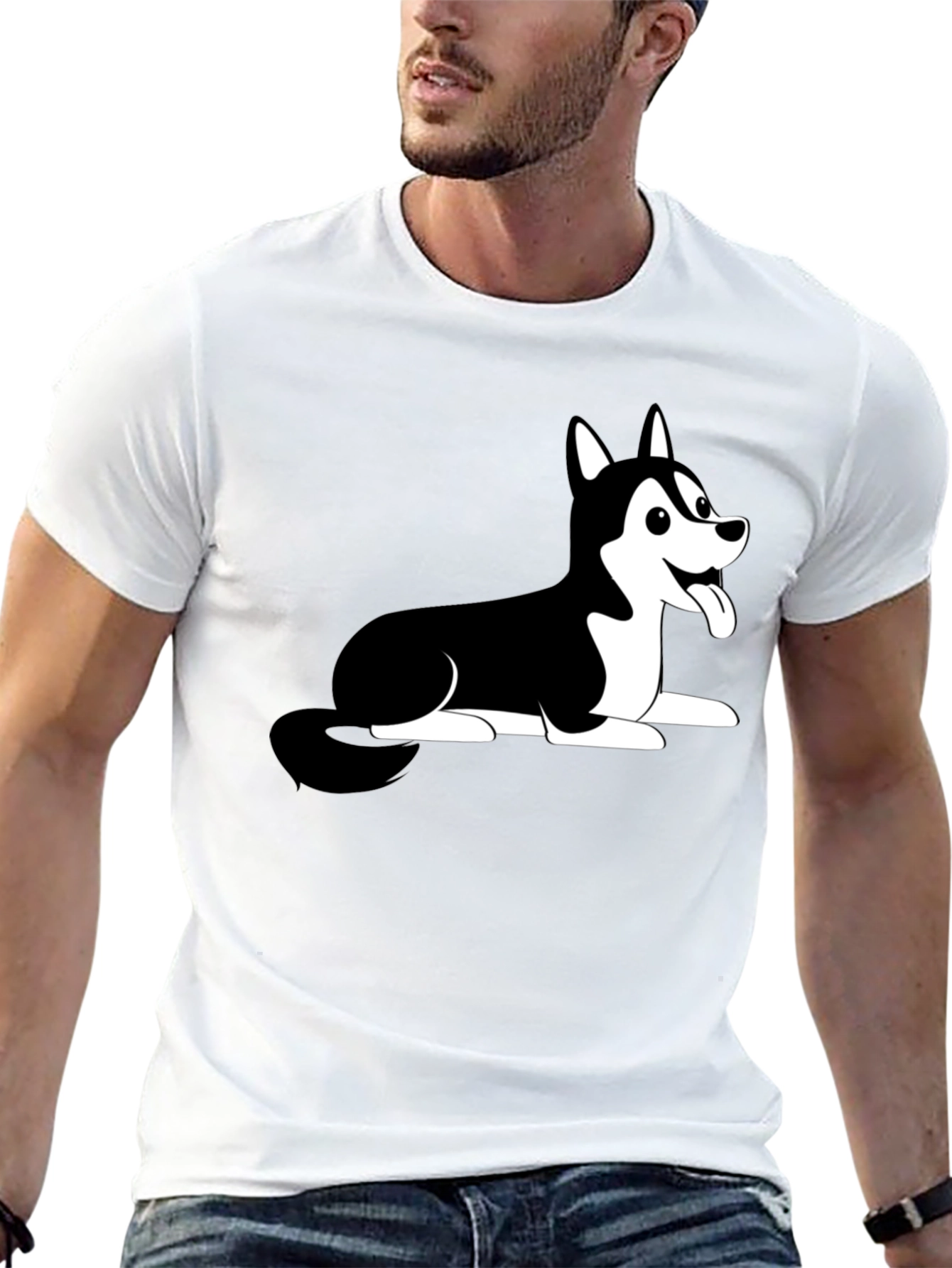 Husky Dog Cartoon Print Black T-Shirt