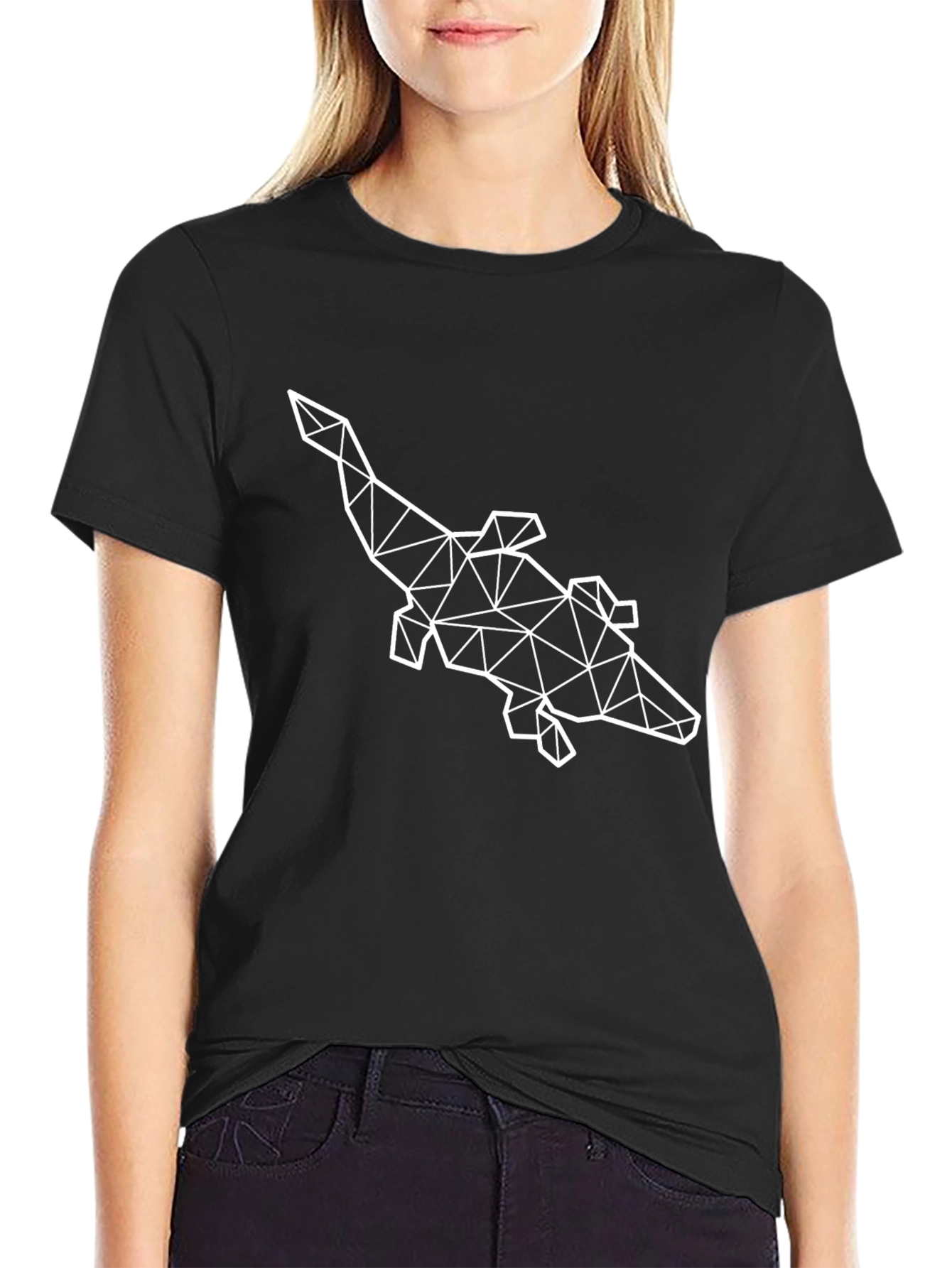 Geometric Crocodile Graphic Tee - Black Cotton Blend