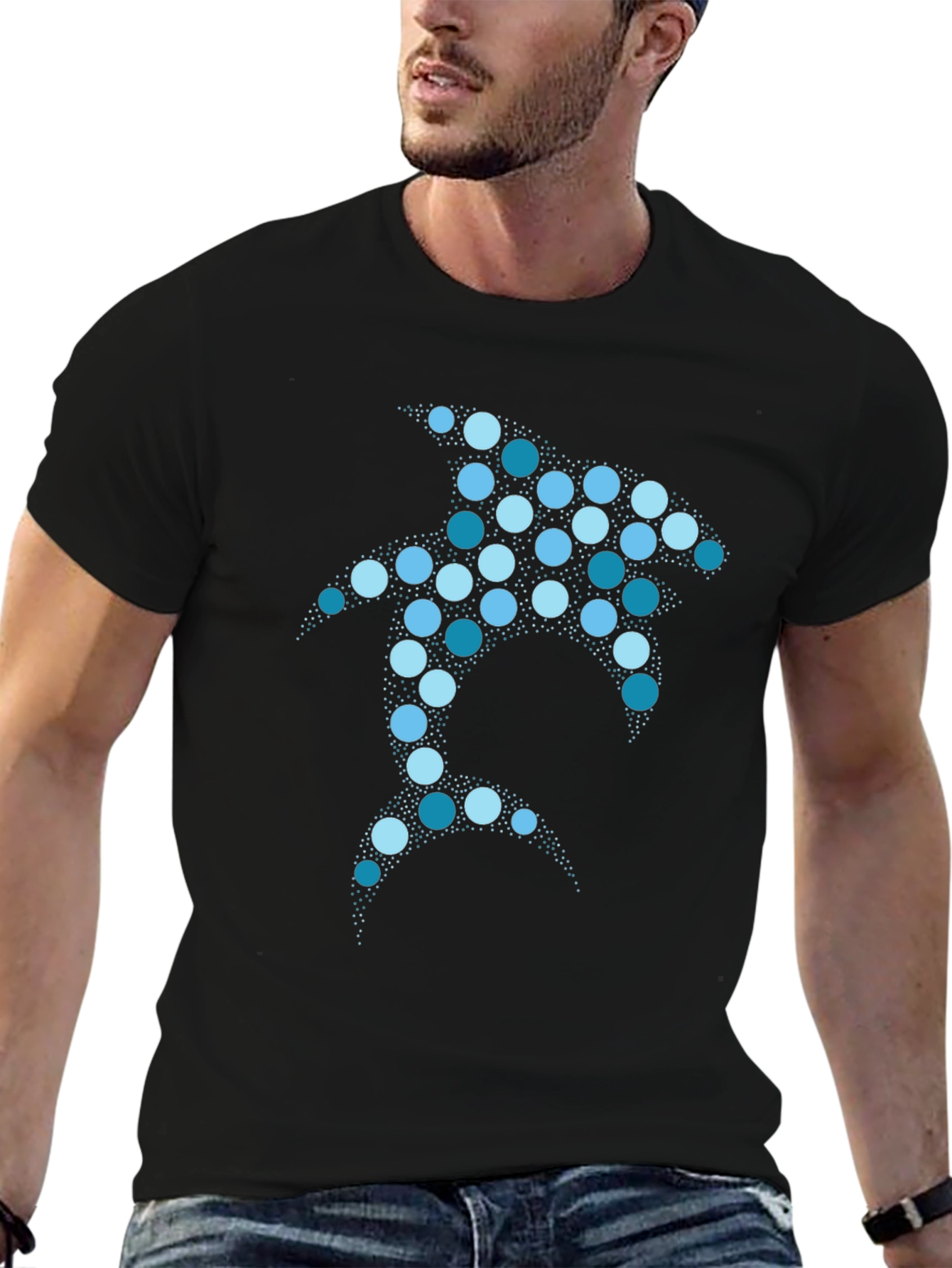 Geometric Shark Graphic T-Shirt - Black Cotton Blend