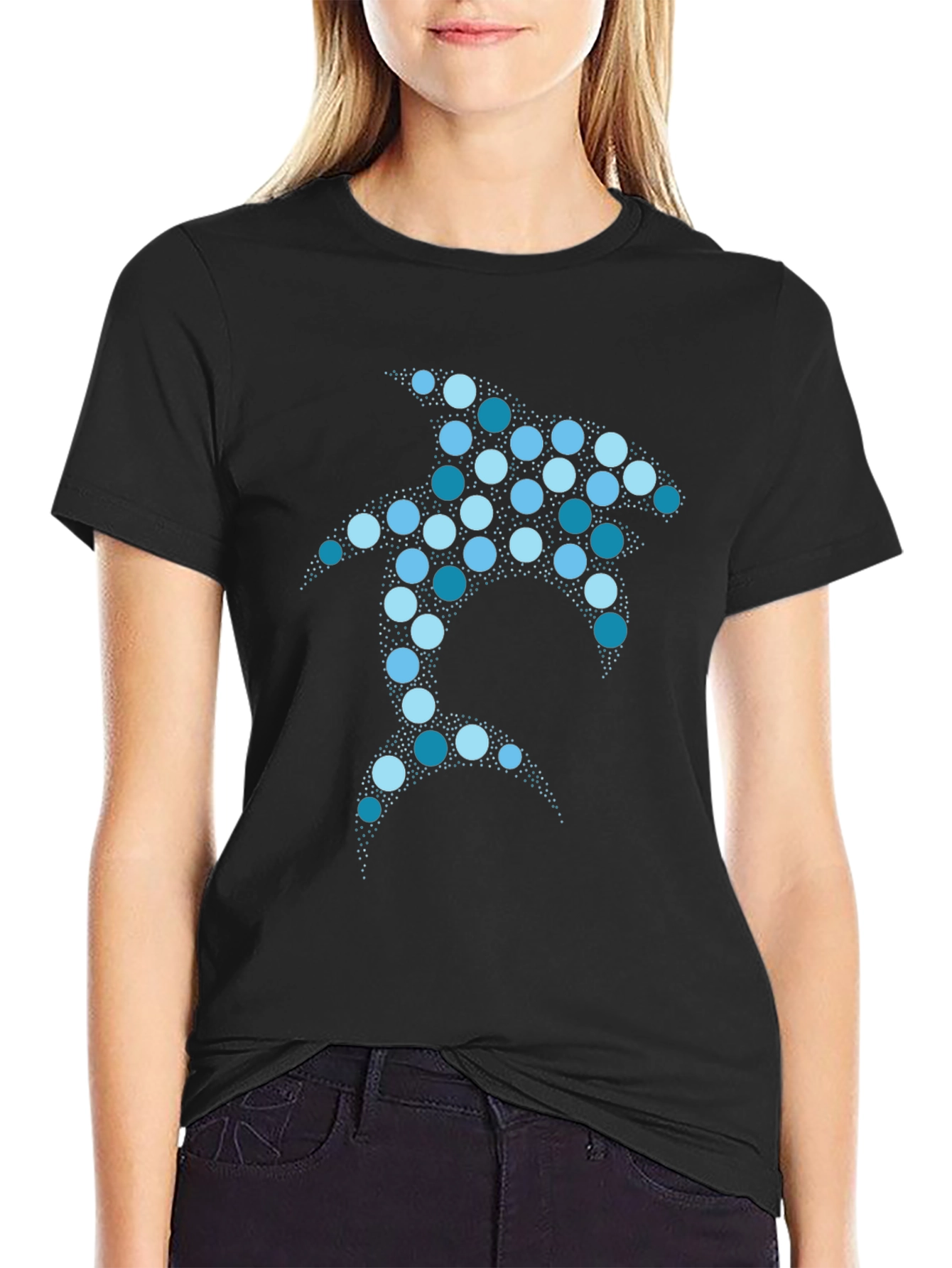 Geometric Shark Graphic T-Shirt - Black Cotton Blend
