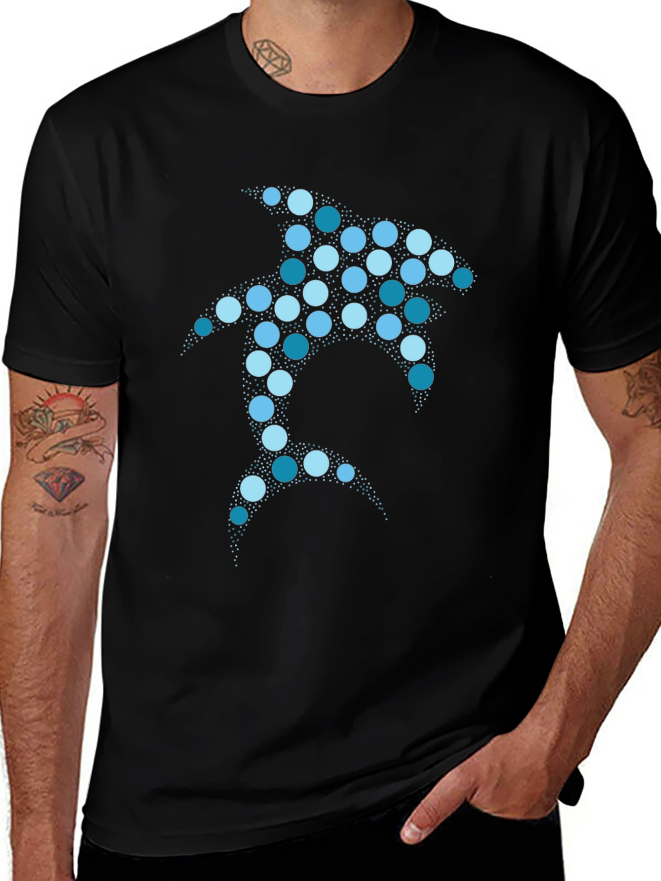 Geometric Shark Graphic T-Shirt - Black Cotton Blend