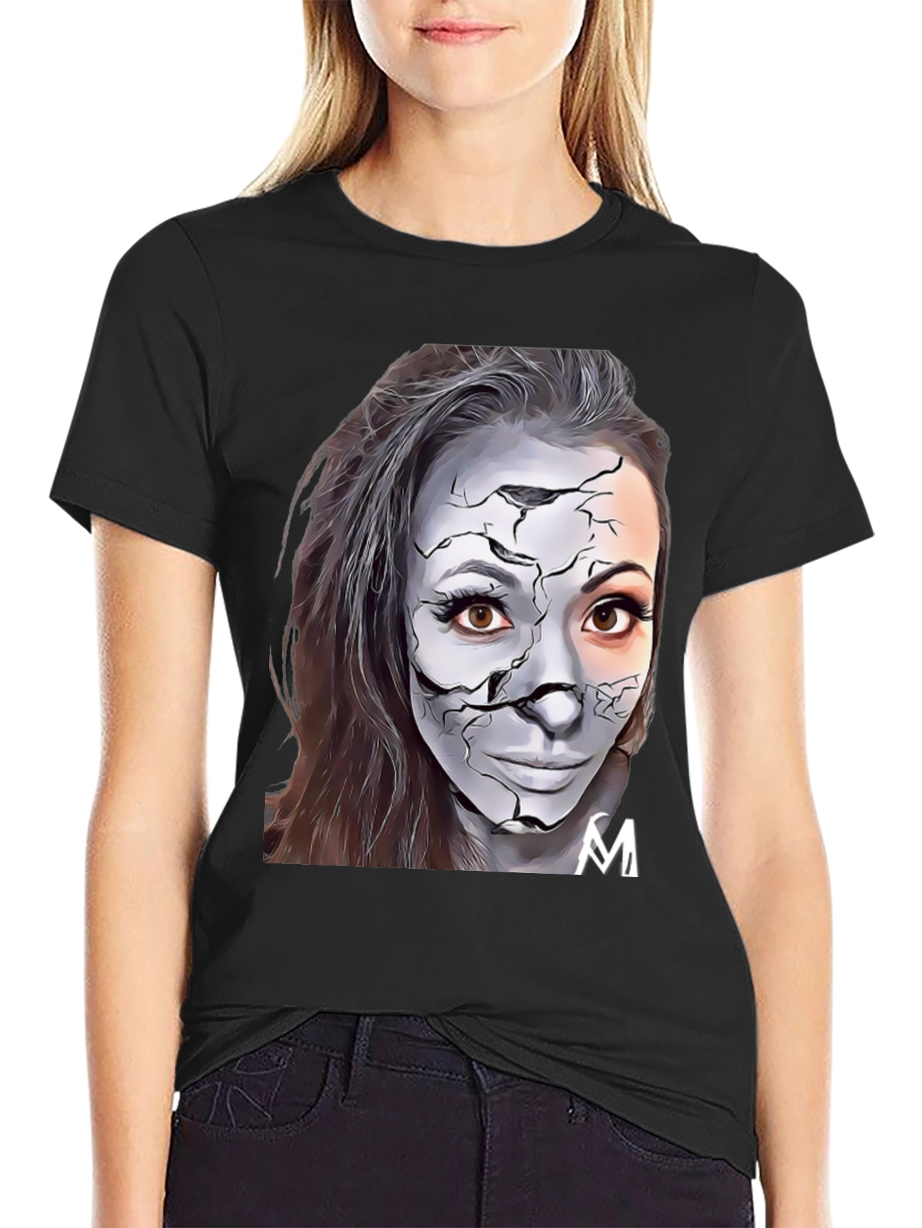 Cracked Face Art Graphic Black T-Shirt
