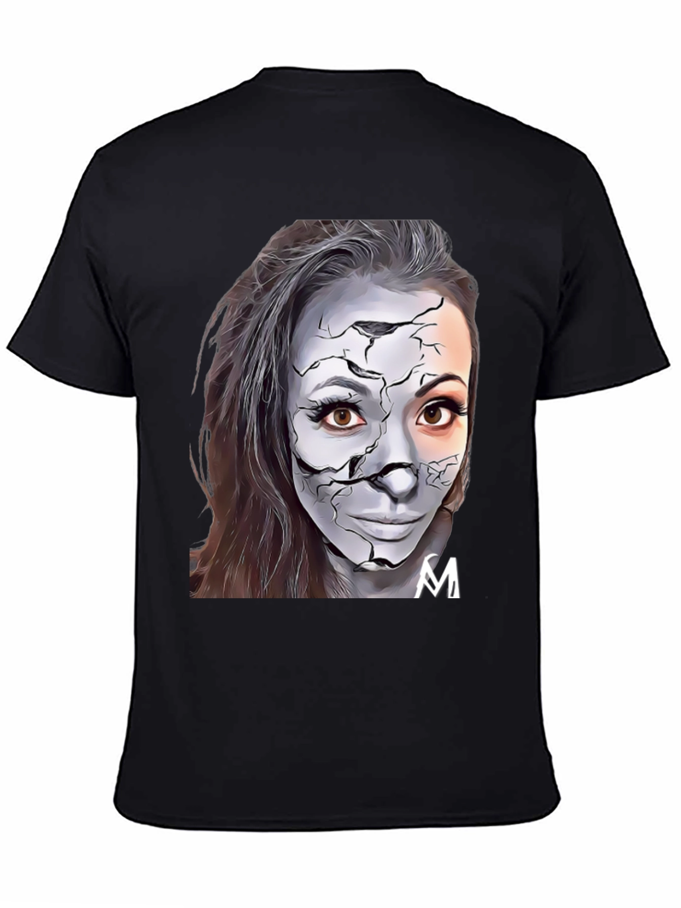 Cracked Face Art Graphic Black T-Shirt